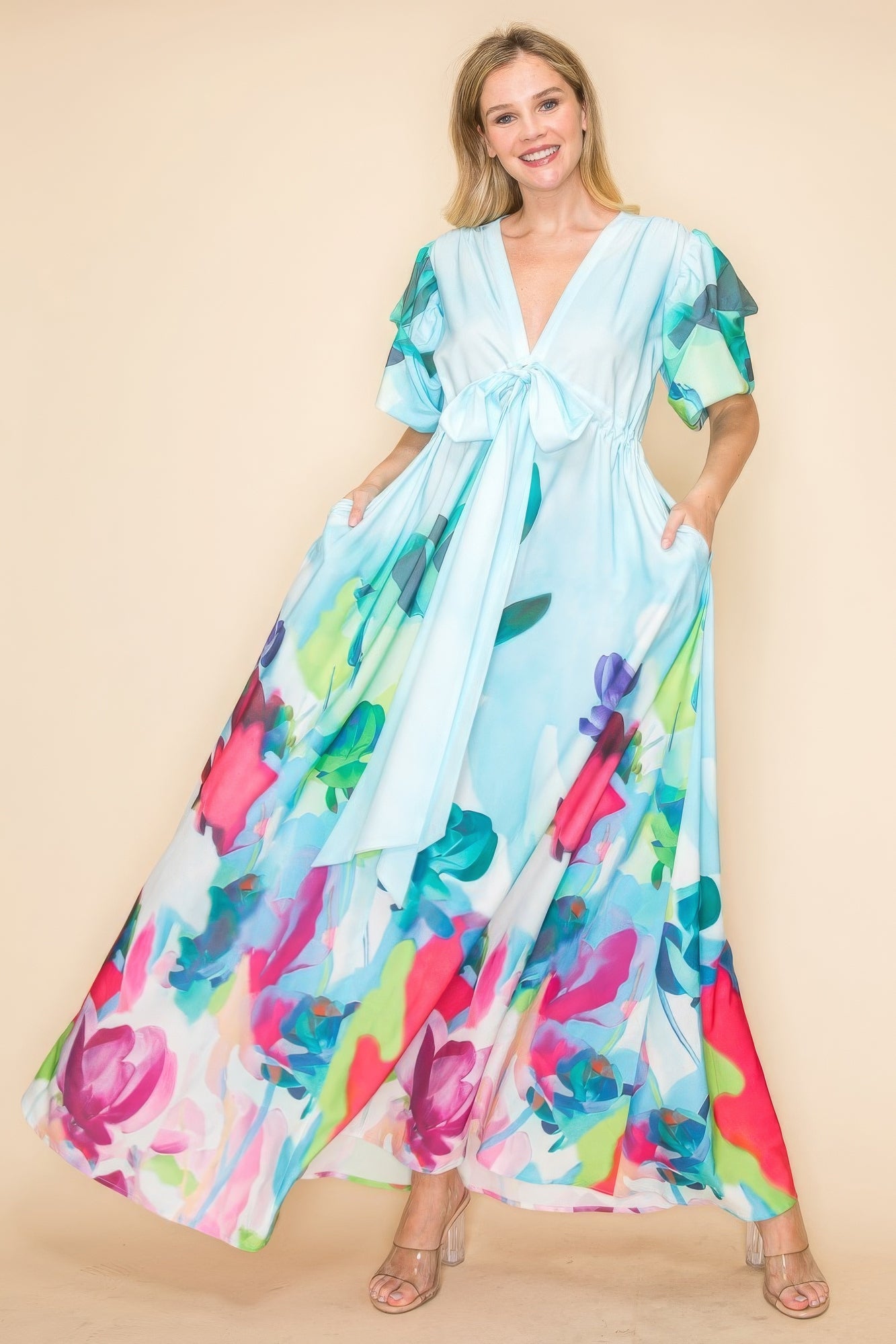 Blue Zone Planet | Printed V Neck Maxi Dress-TOPS / DRESSES-[Adult]-[Female]-S-2022 Online Blue Zone Planet