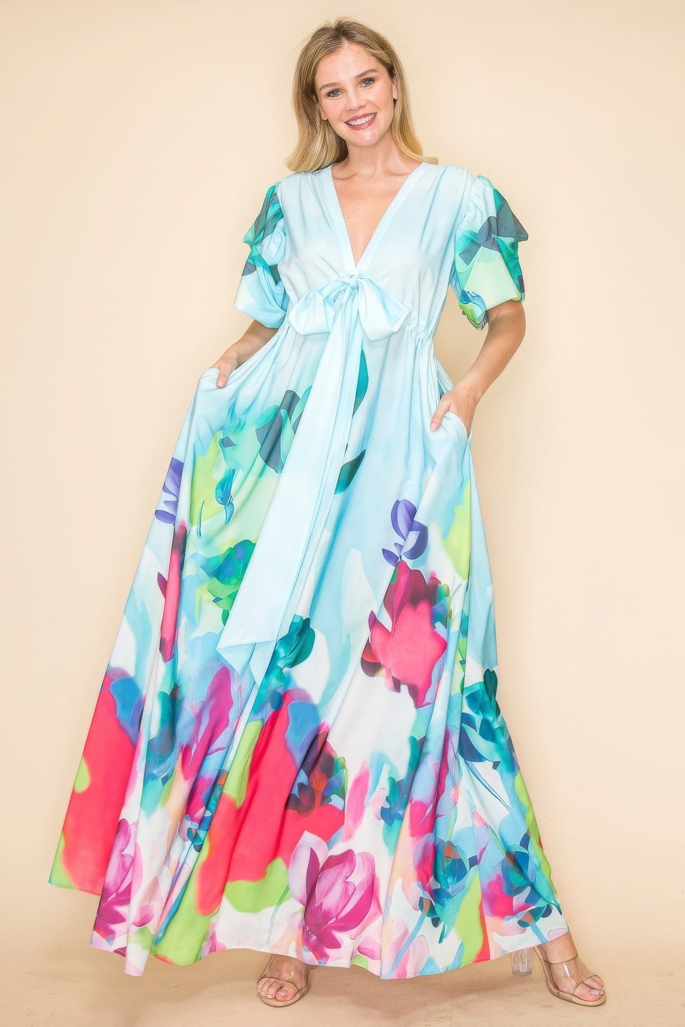 Blue Zone Planet | Printed V Neck Maxi Dress-TOPS / DRESSES-[Adult]-[Female]-2022 Online Blue Zone Planet