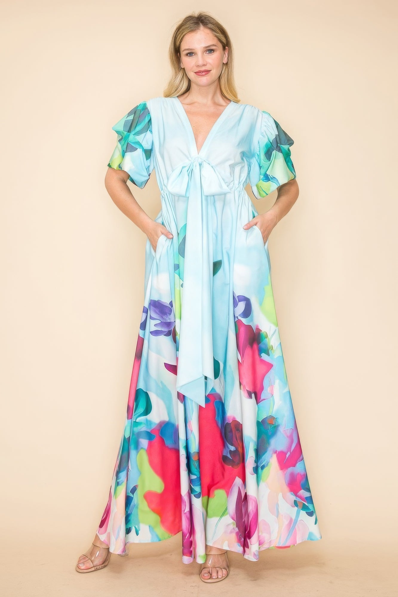 Blue Zone Planet | Printed V Neck Maxi Dress-TOPS / DRESSES-[Adult]-[Female]-2022 Online Blue Zone Planet