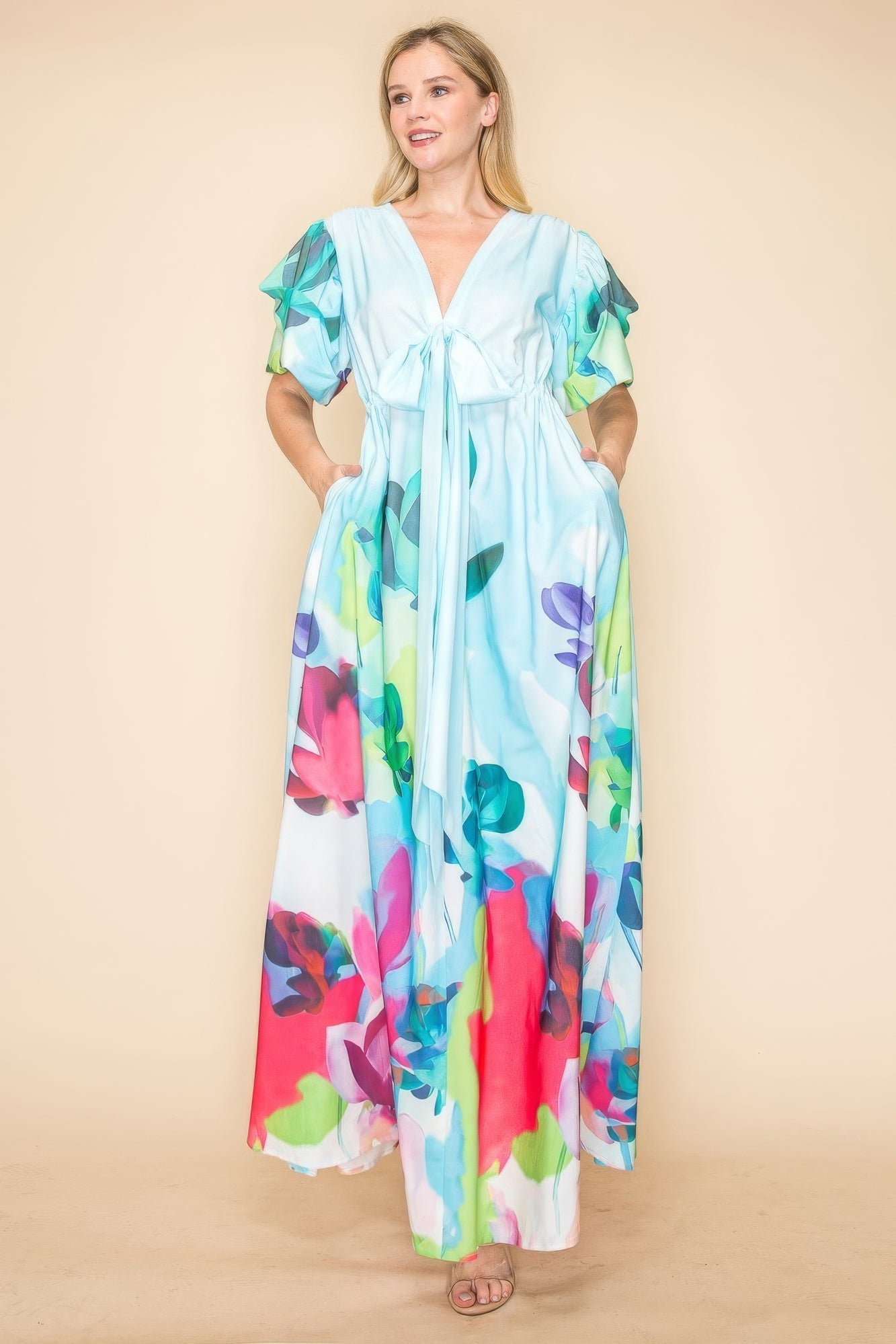 Blue Zone Planet | Printed V Neck Maxi Dress-TOPS / DRESSES-[Adult]-[Female]-2022 Online Blue Zone Planet