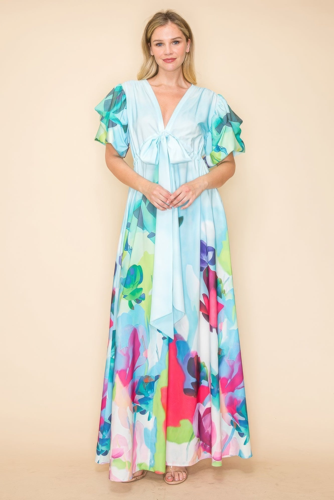 Blue Zone Planet | Printed V Neck Maxi Dress-TOPS / DRESSES-[Adult]-[Female]-2022 Online Blue Zone Planet