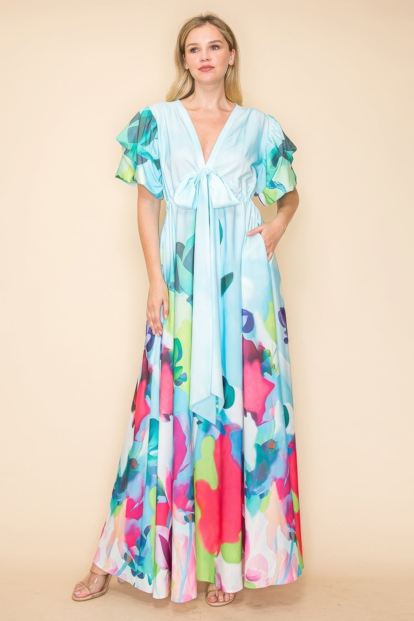 Blue Zone Planet | Printed V Neck Maxi Dress-TOPS / DRESSES-[Adult]-[Female]-2022 Online Blue Zone Planet