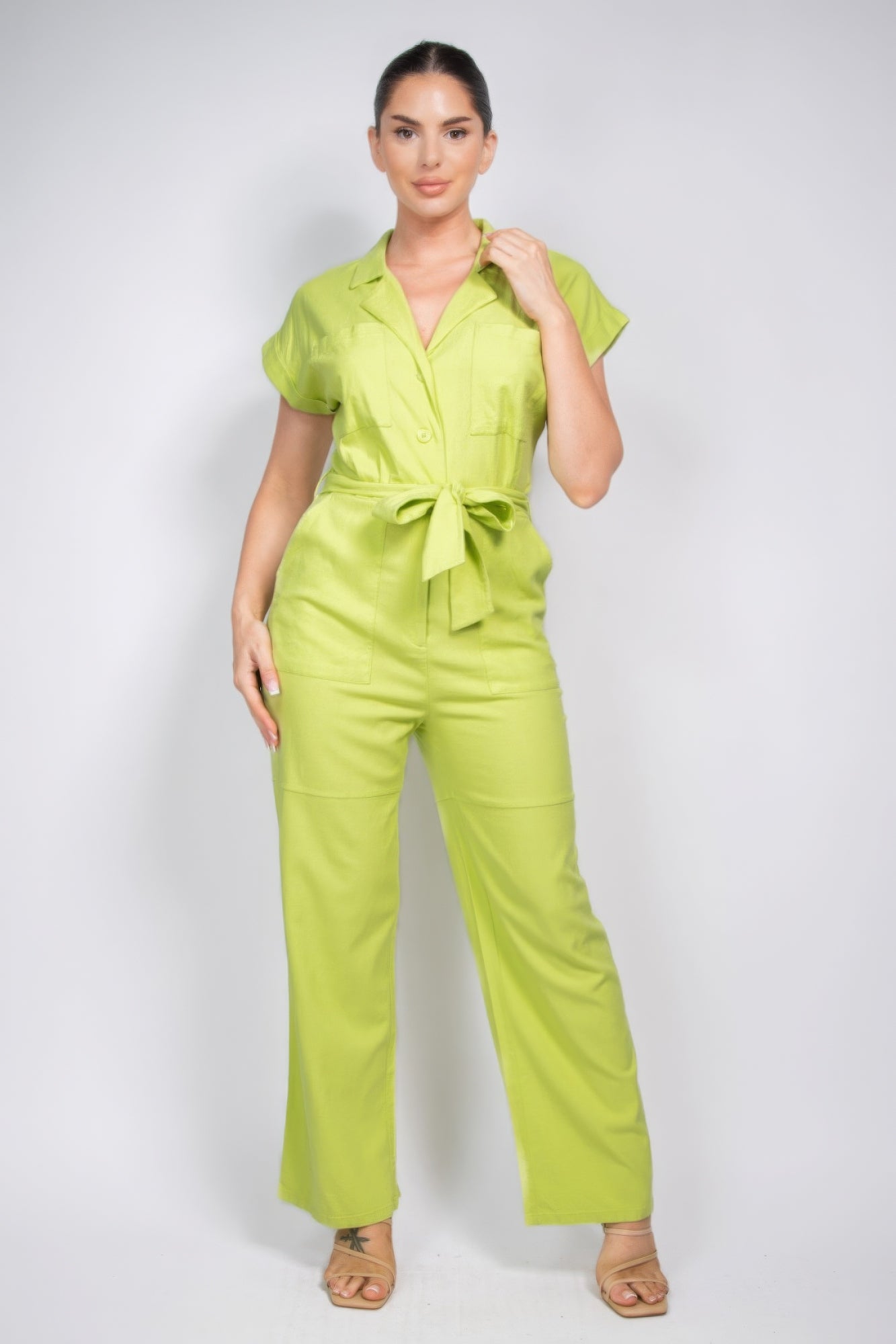 Blue Zone Planet | Belted Button-down Linen Jumpsuit-TOPS / DRESSES-[Adult]-[Female]-S-2022 Online Blue Zone Planet