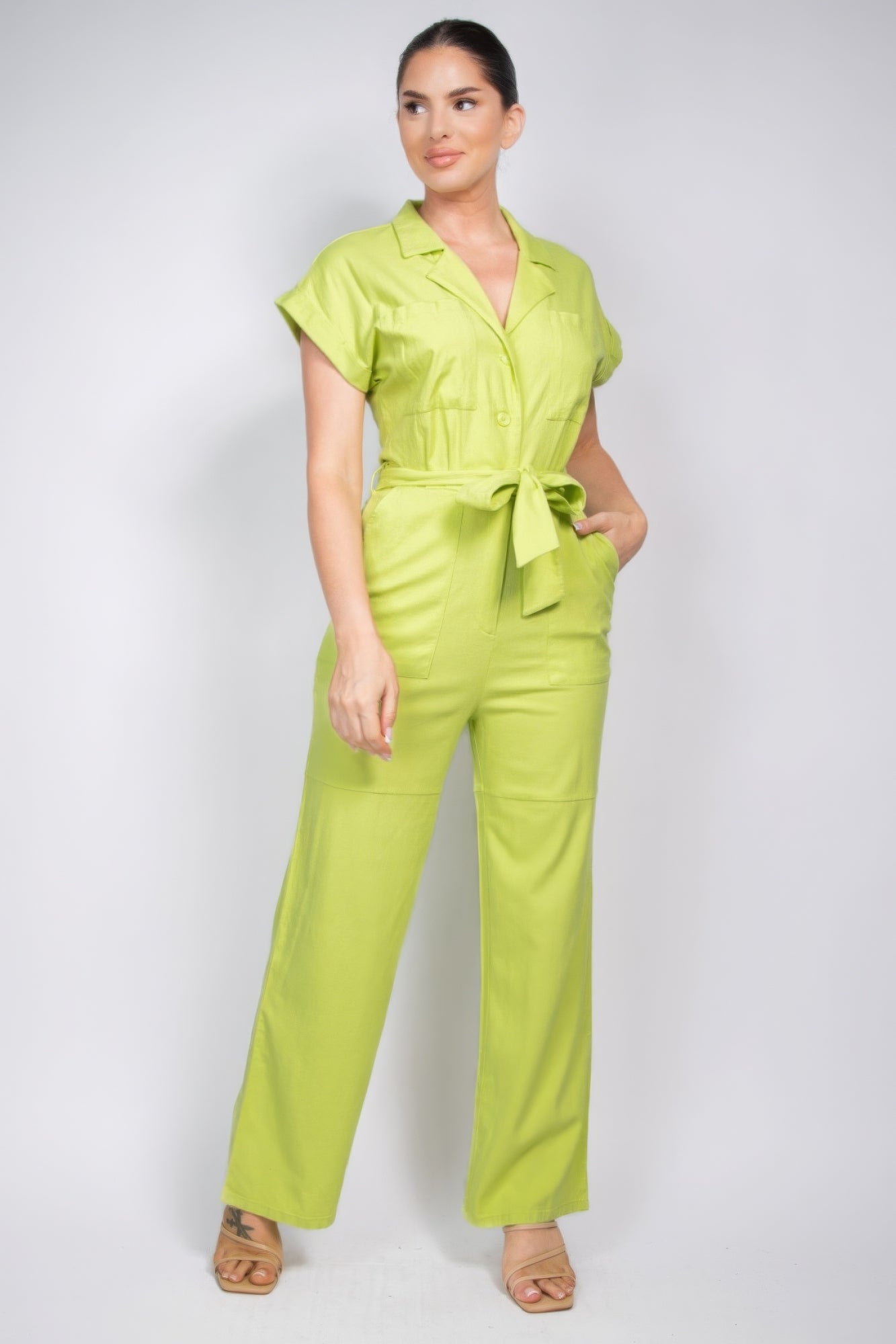 Blue Zone Planet | Belted Button-down Linen Jumpsuit-TOPS / DRESSES-[Adult]-[Female]-2022 Online Blue Zone Planet