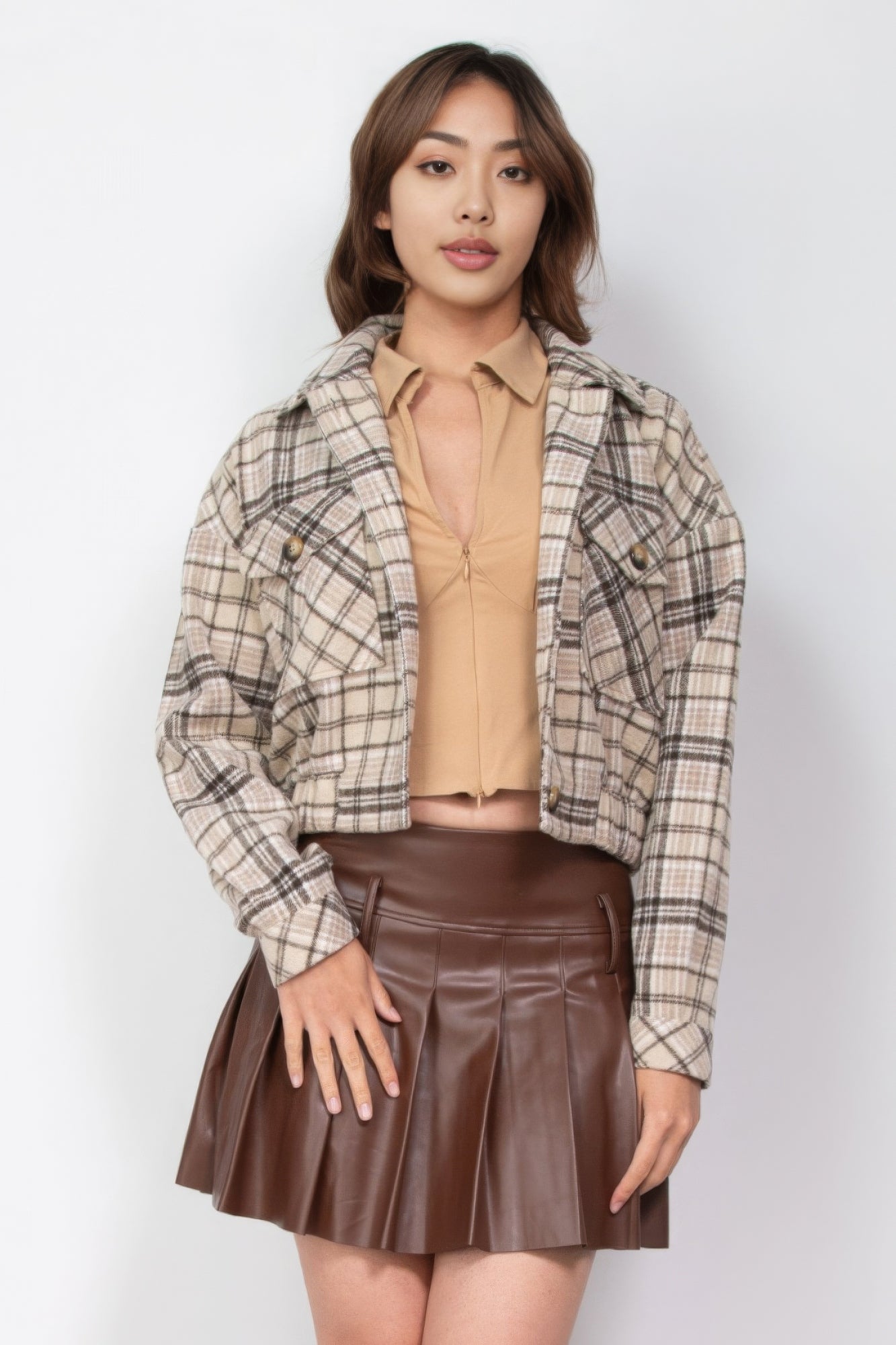 Blue Zone Planet | Plaid Button-down Crop Jacket-TOPS / DRESSES-[Adult]-[Female]-S-Brown-2022 Online Blue Zone Planet