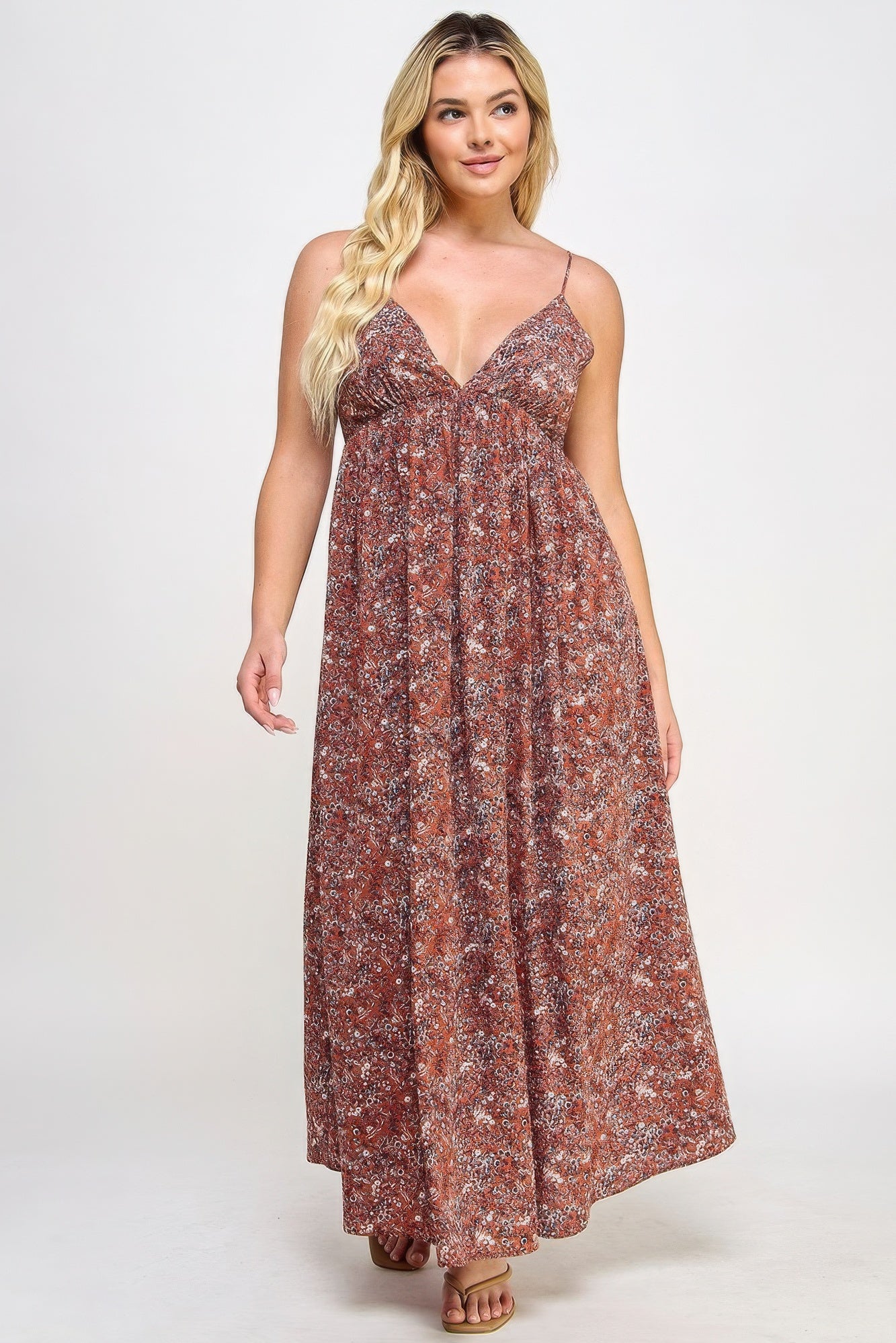 Floral Maxi Dress With Tie Back-TOPS / DRESSES-[Adult]-[Female]-Rust-1XL-2022 Online Blue Zone Planet