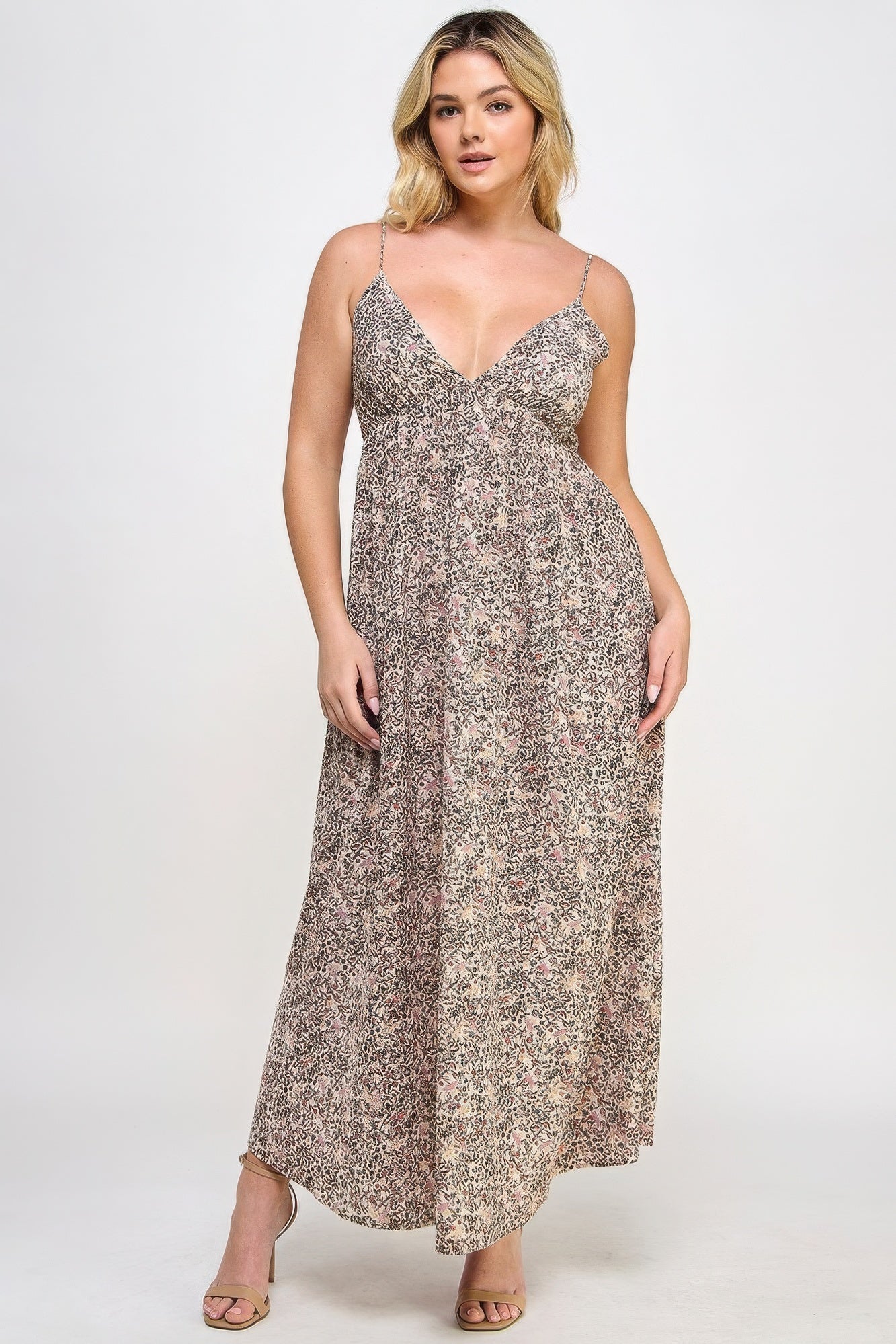 Floral Maxi Dress With Tie Back-TOPS / DRESSES-[Adult]-[Female]-Taupe-1XL-2022 Online Blue Zone Planet