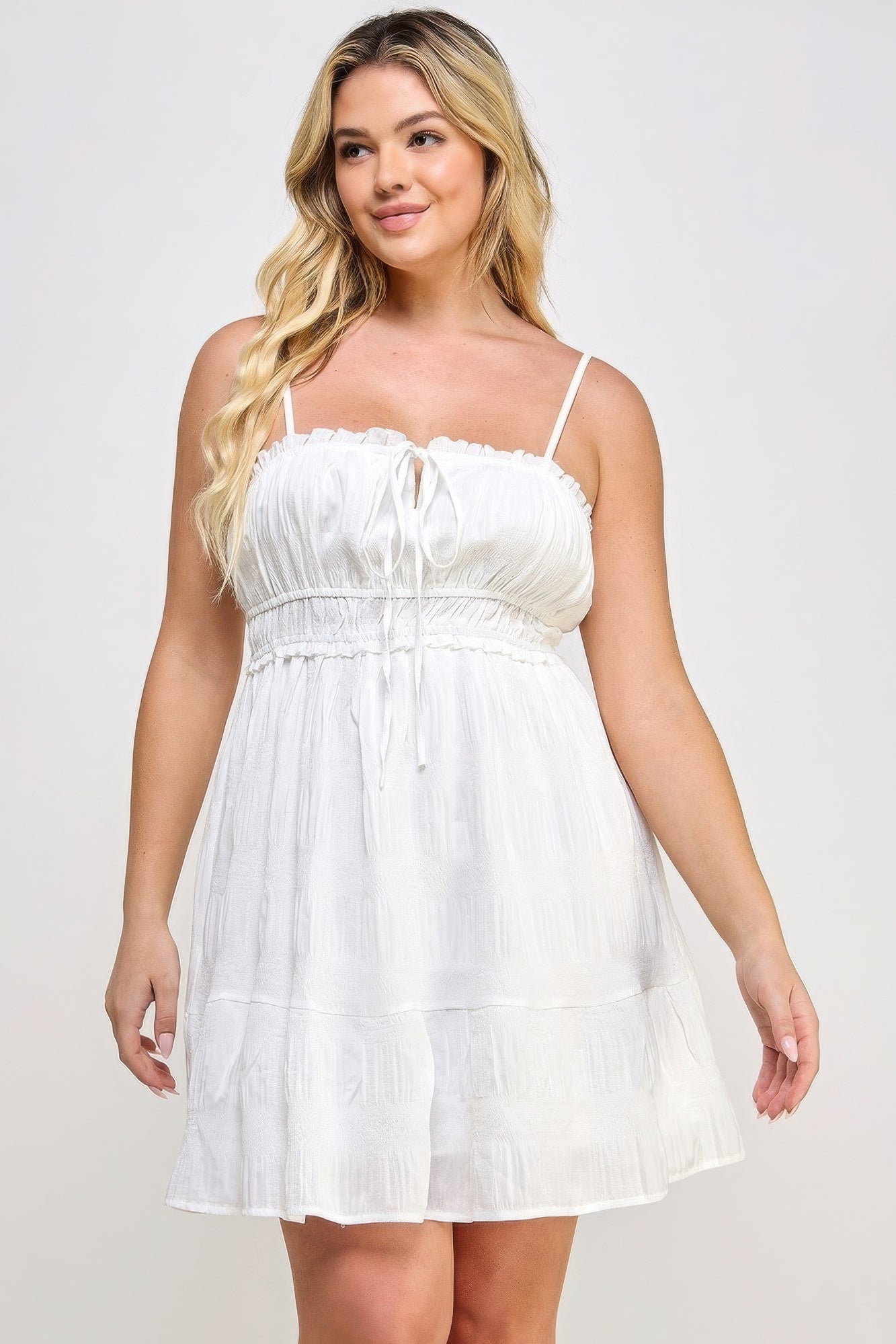 Crinkle Textured Front Tied Ruffle Mini Dress-TOPS / DRESSES-[Adult]-[Female]-1XL-White-2022 Online Blue Zone Planet