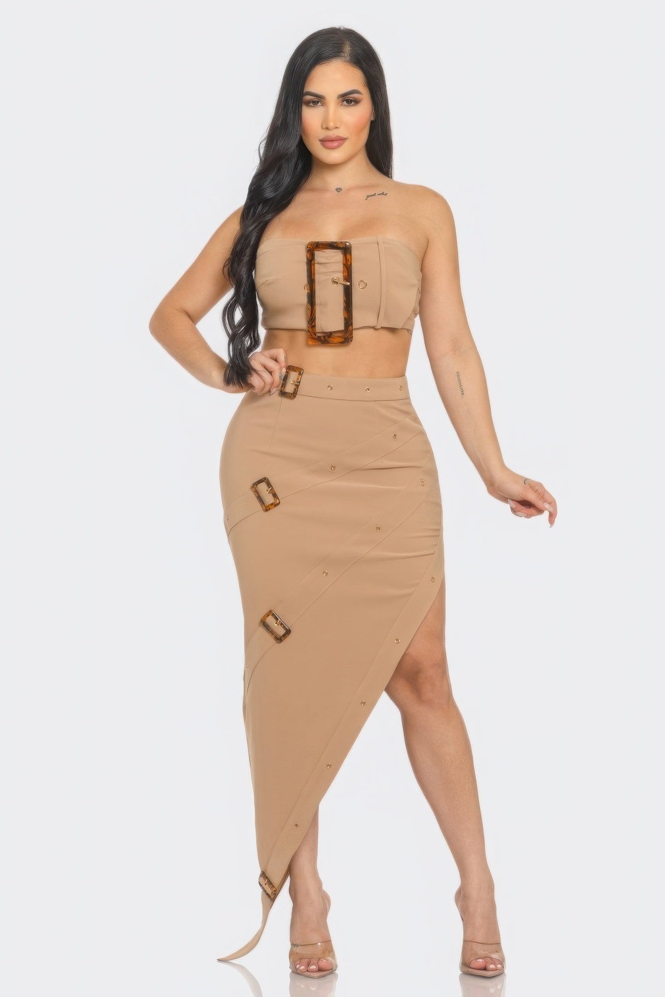 Blue Zone Planet | Front Eyelet Buckle Belt Top And Skirt Set-TOPS / DRESSES-[Adult]-[Female]-Taupe-S-2022 Online Blue Zone Planet