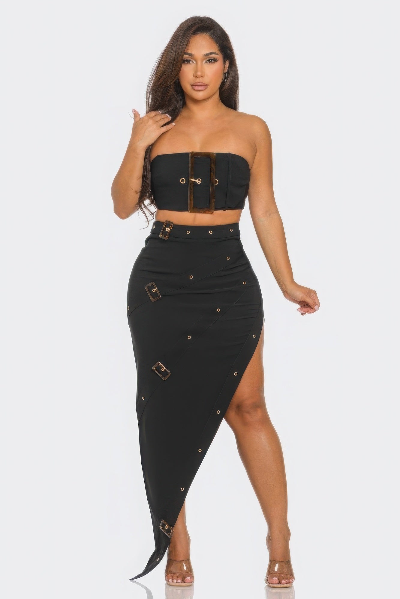 Blue Zone Planet | Front Eyelet Buckle Belt Top And Skirt Set-TOPS / DRESSES-[Adult]-[Female]-Black-S-2022 Online Blue Zone Planet