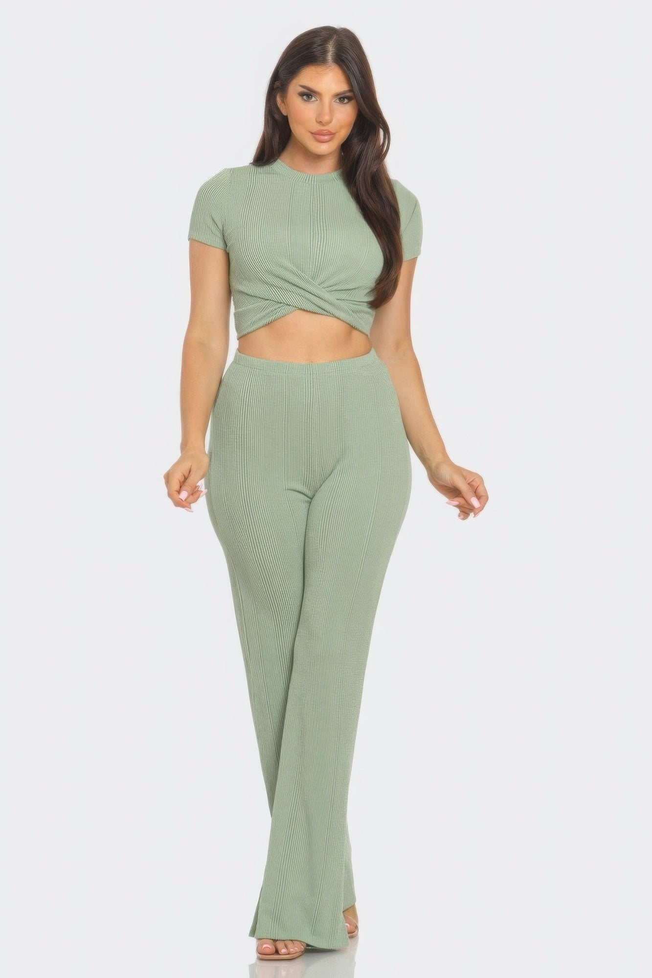 Front Twist Detail Top And Flare Pants Set-TOPS / DRESSES-[Adult]-[Female]-Sage-S-2022 Online Blue Zone Planet