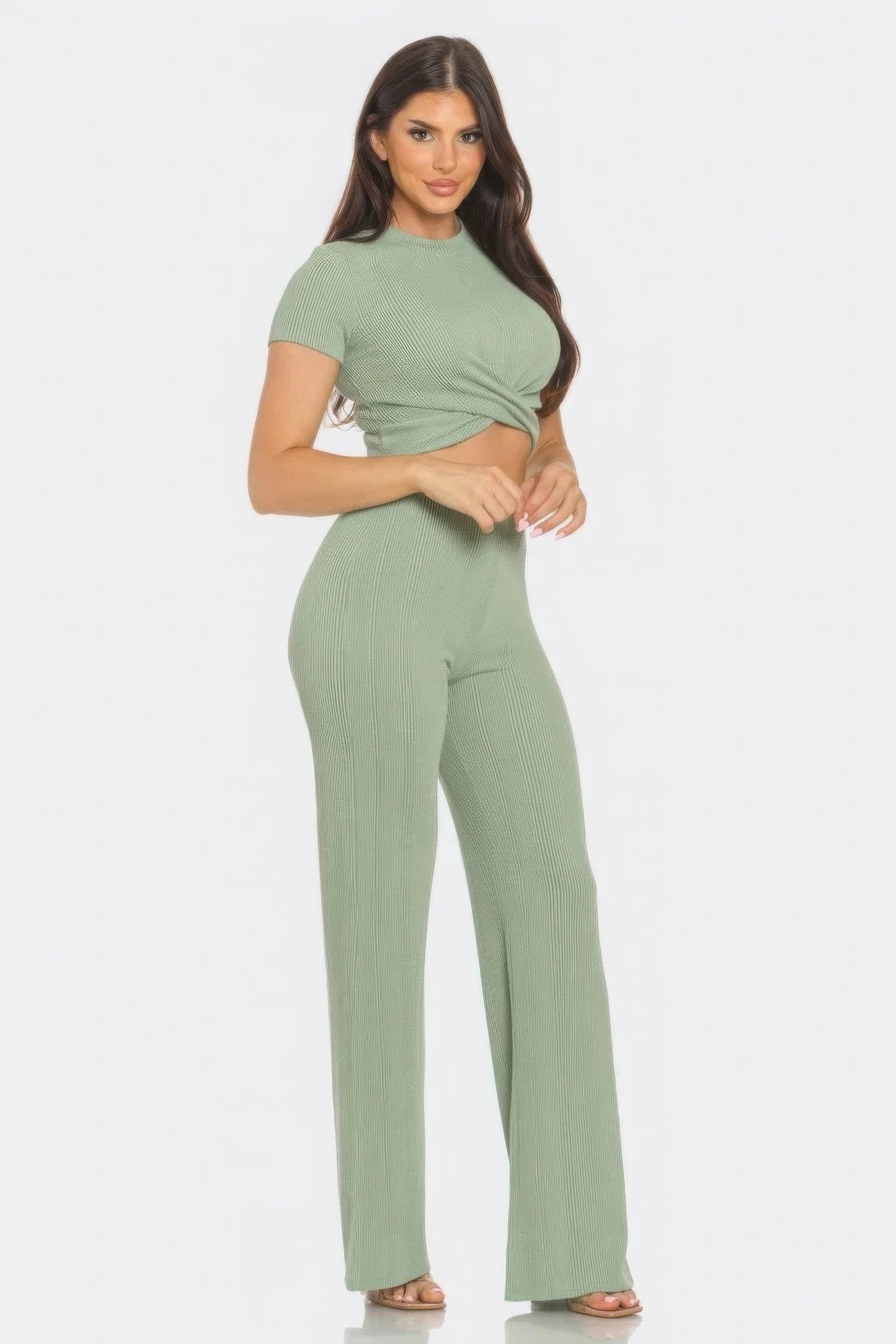 Front Twist Detail Top And Flare Pants Set-TOPS / DRESSES-[Adult]-[Female]-2022 Online Blue Zone Planet