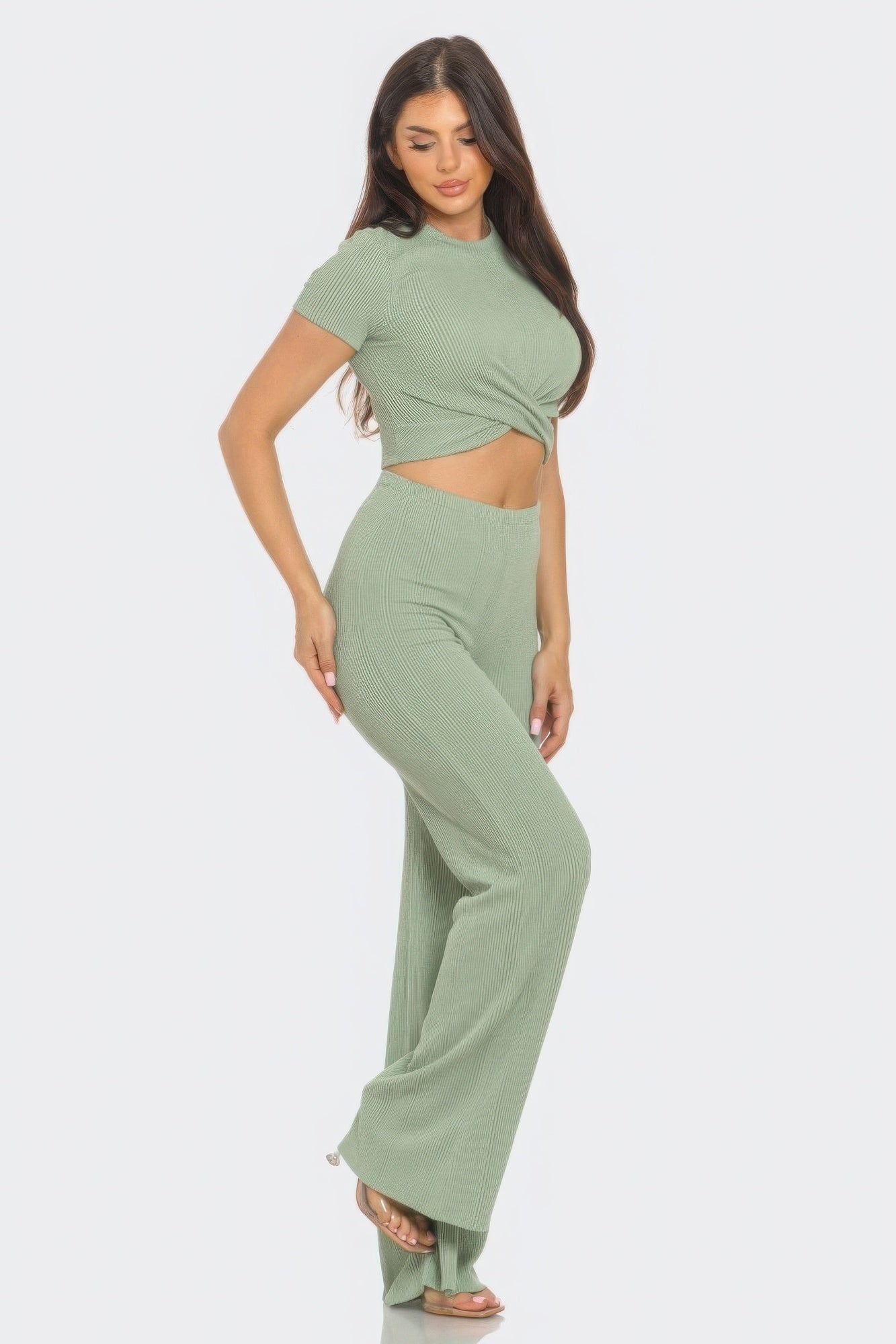 Front Twist Detail Top And Flare Pants Set-TOPS / DRESSES-[Adult]-[Female]-2022 Online Blue Zone Planet