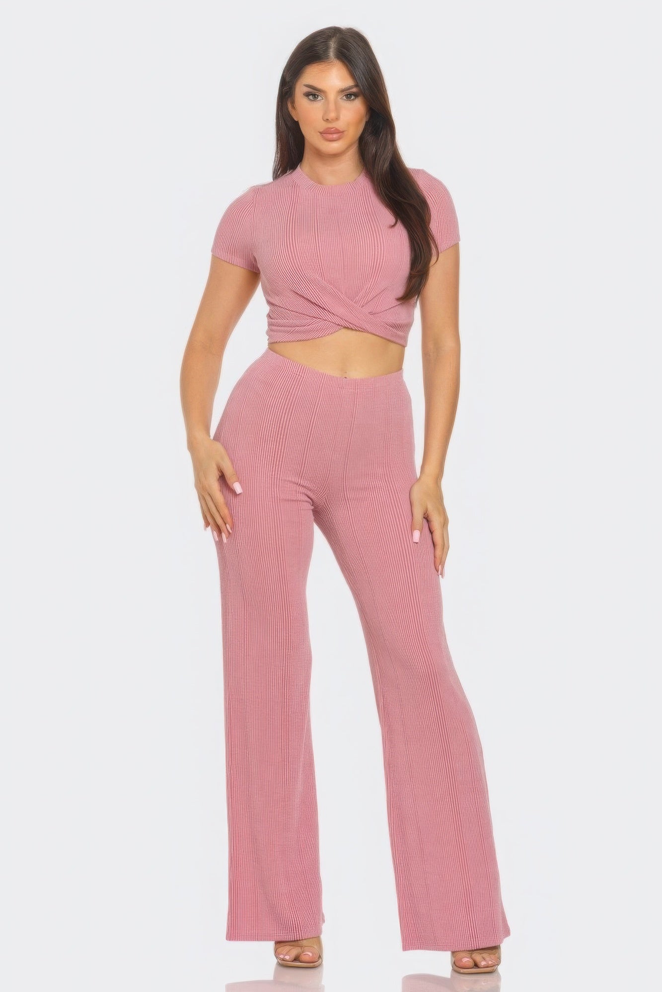 Front Twist Detail Top And Flare Pants Set-TOPS / DRESSES-[Adult]-[Female]-Mauve-S-2022 Online Blue Zone Planet