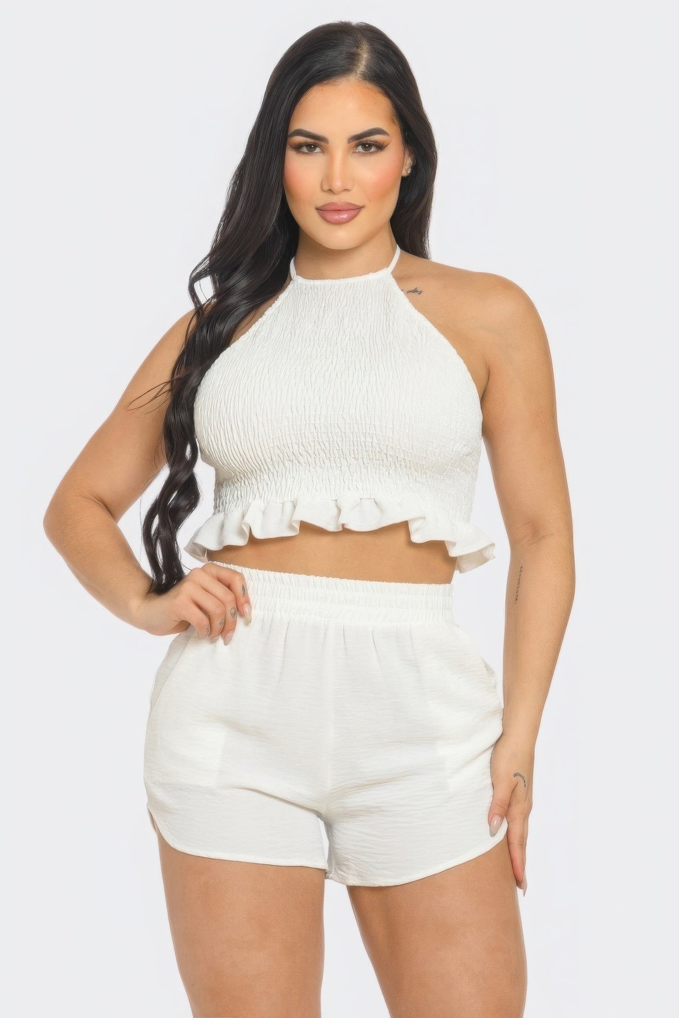 Blue Zone Planet | Front Smocking Detail Halter Top And Shorts Set-TOPS / DRESSES-[Adult]-[Female]-S-White-2022 Online Blue Zone Planet