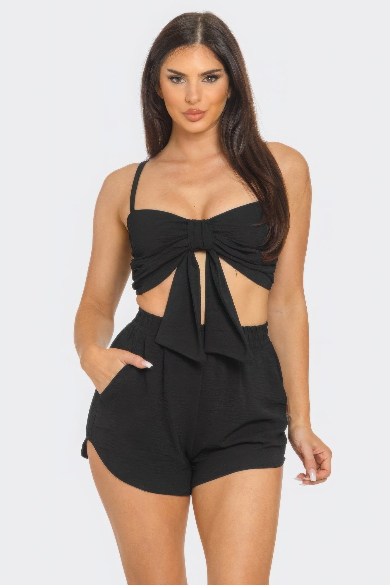 Blue Zone Planet | Front Oversized Bow Twisted Tie Top And Shorts Set-TOPS / DRESSES-[Adult]-[Female]-Black-S-2022 Online Blue Zone Planet