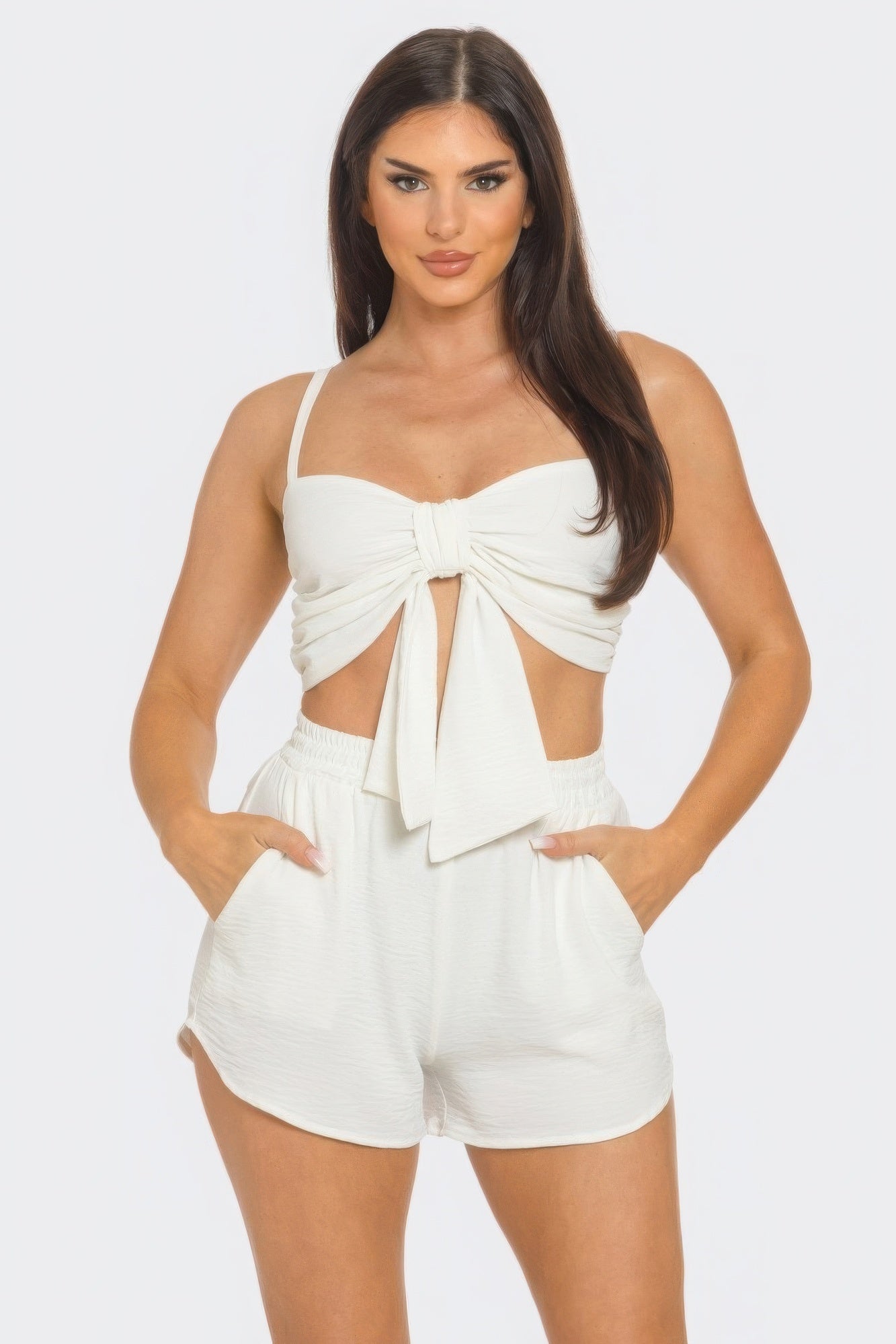 Blue Zone Planet | Front Oversized Bow Twisted Tie Top And Shorts Set-TOPS / DRESSES-[Adult]-[Female]-White-S-2022 Online Blue Zone Planet