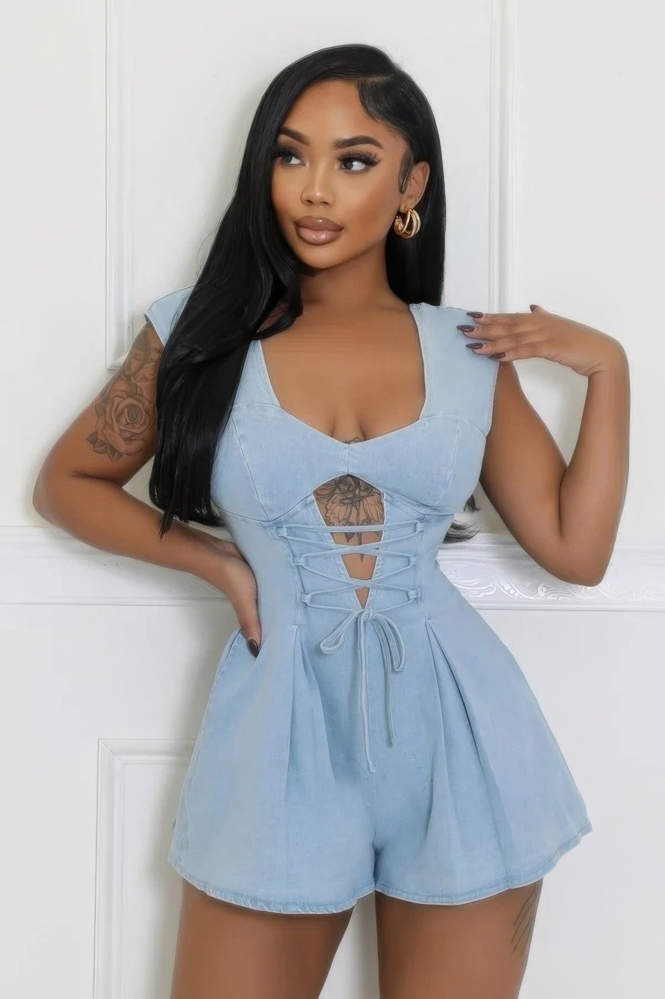 Denim, V-neck Stretch Romper-TOPS / DRESSES-[Adult]-[Female]-S-Blue-2022 Online Blue Zone Planet