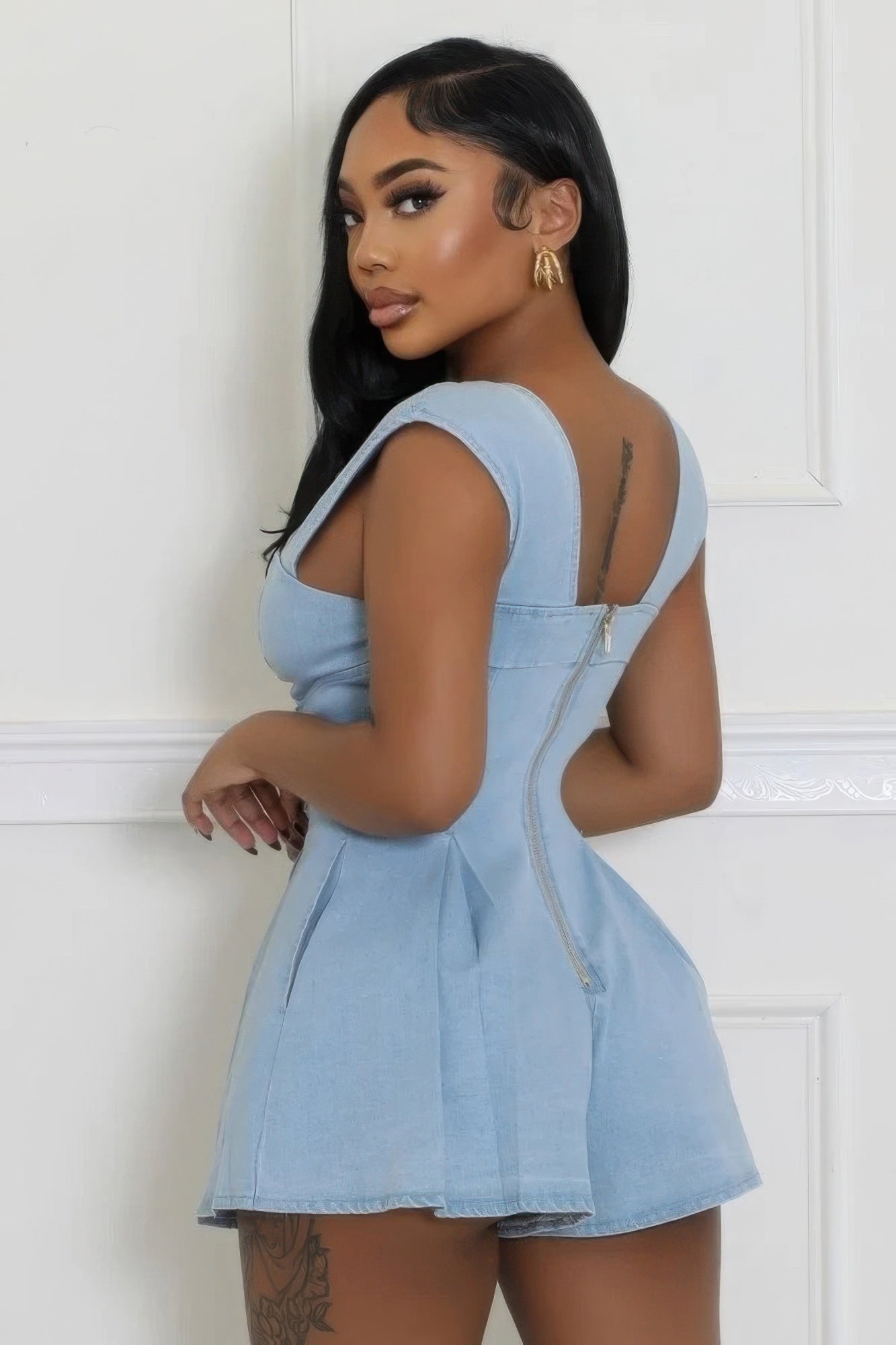 Denim, V-neck Stretch Romper-TOPS / DRESSES-[Adult]-[Female]-2022 Online Blue Zone Planet