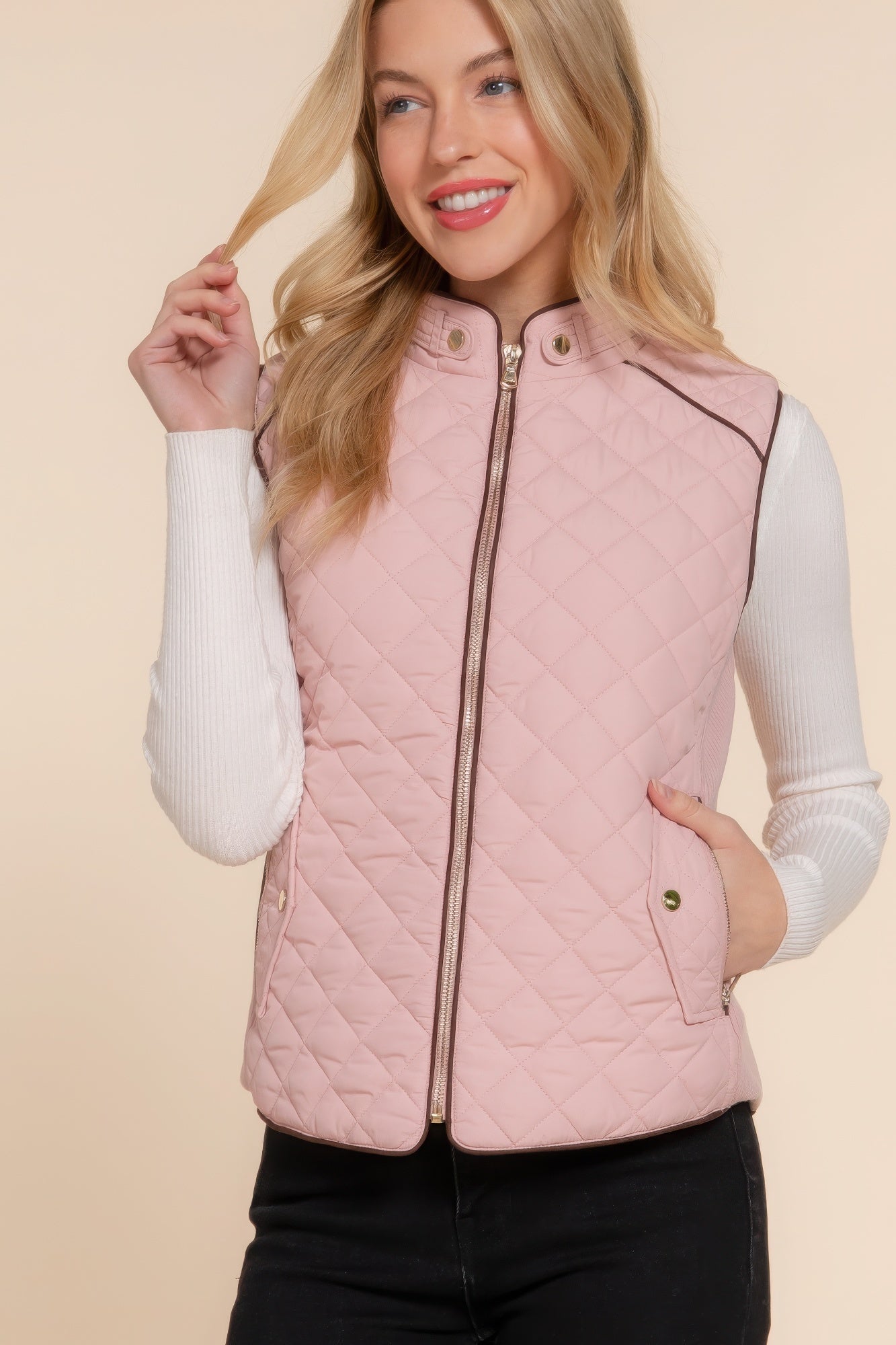 Blue Zone Planet | Suede Piping Quilted Padding Vest-TOPS / DRESSES-[Adult]-[Female]-Beige Pink-S-2022 Online Blue Zone Planet