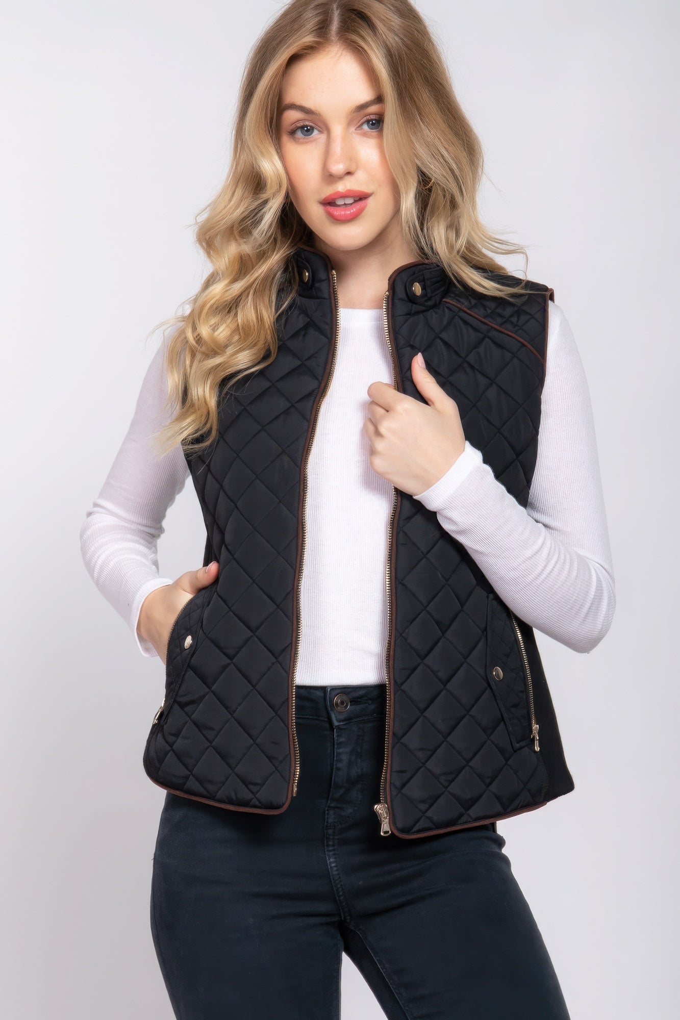 Blue Zone Planet | Suede Piping Quilted Padding Vest-TOPS / DRESSES-[Adult]-[Female]-2022 Online Blue Zone Planet