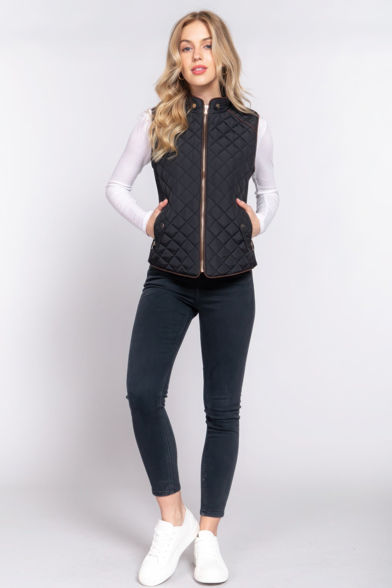 Blue Zone Planet | Suede Piping Quilted Padding Vest-TOPS / DRESSES-[Adult]-[Female]-2022 Online Blue Zone Planet