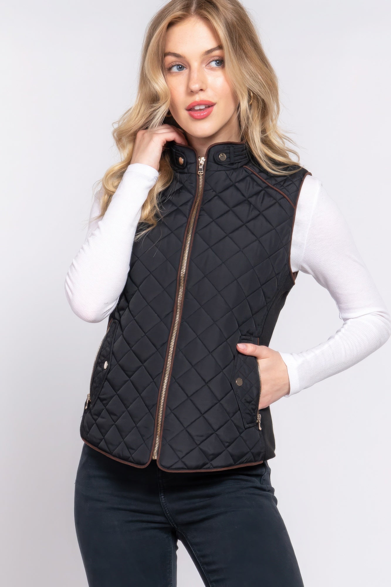 Blue Zone Planet | Suede Piping Quilted Padding Vest-TOPS / DRESSES-[Adult]-[Female]-Black-S-2022 Online Blue Zone Planet