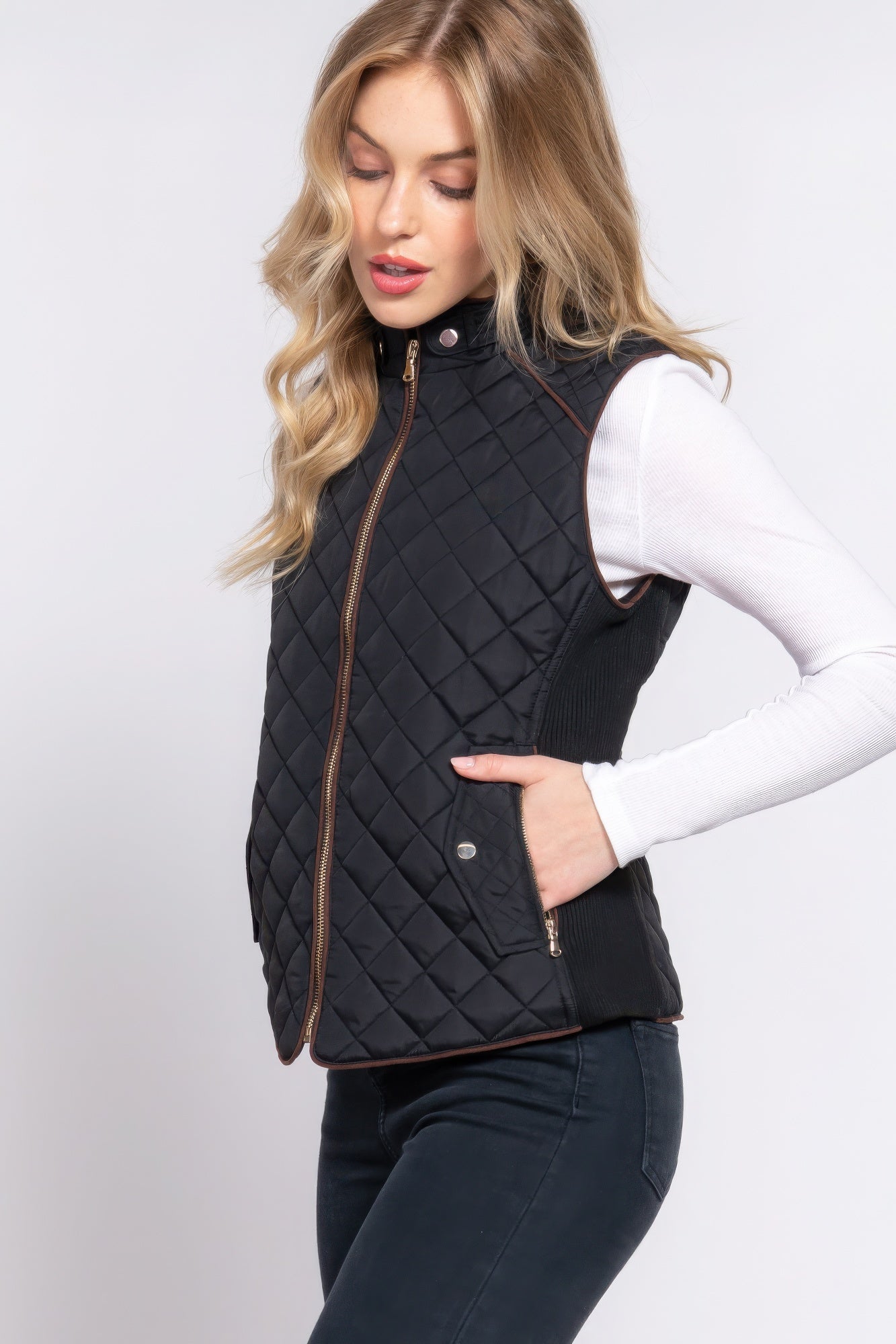 Blue Zone Planet | Suede Piping Quilted Padding Vest-TOPS / DRESSES-[Adult]-[Female]-2022 Online Blue Zone Planet