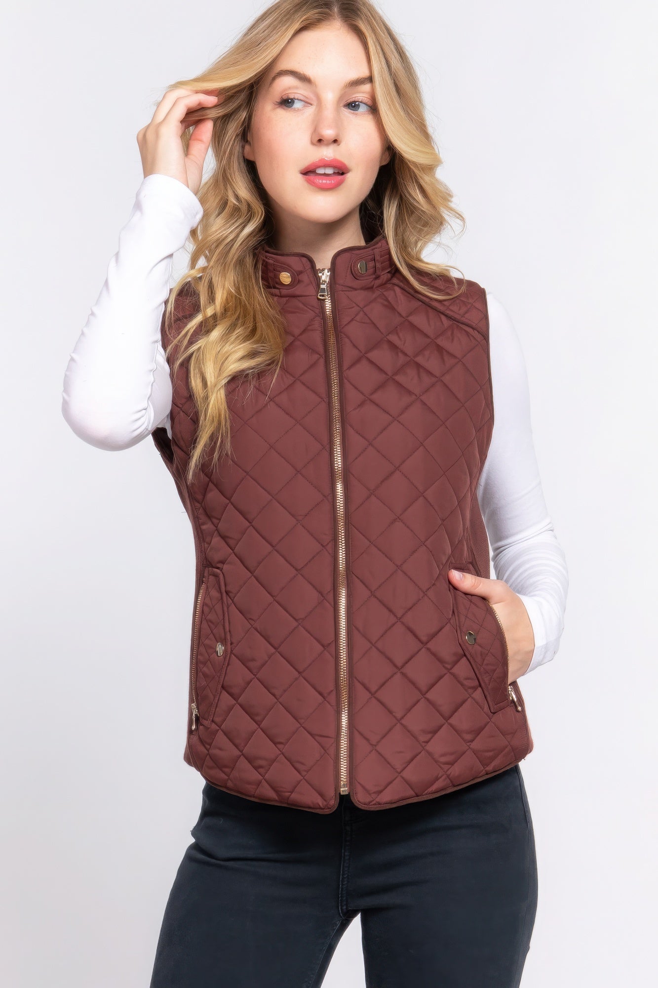 Blue Zone Planet | Suede Piping Quilted Padding Vest-TOPS / DRESSES-[Adult]-[Female]-Brown-S-2022 Online Blue Zone Planet