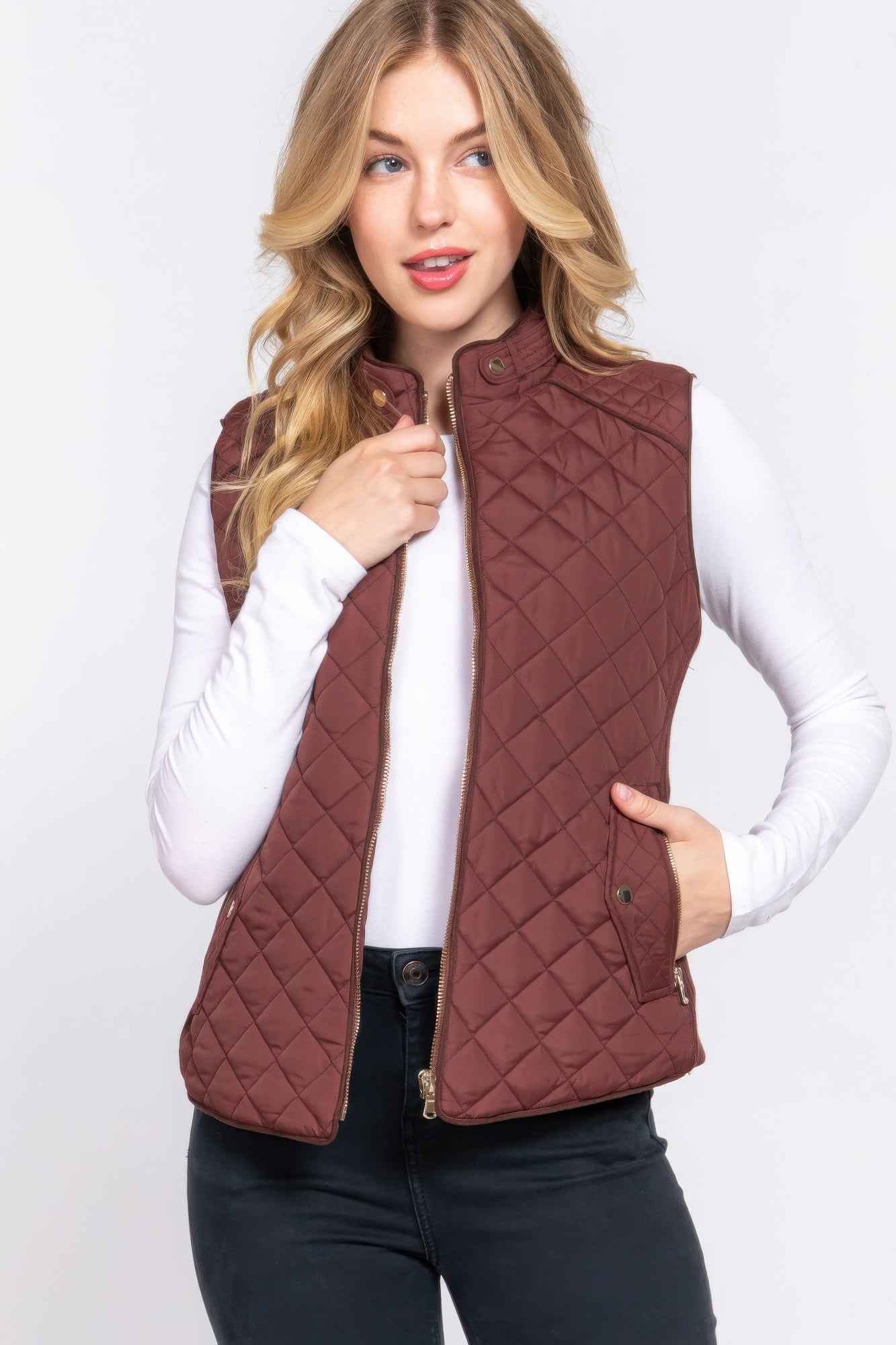 Blue Zone Planet | Suede Piping Quilted Padding Vest-TOPS / DRESSES-[Adult]-[Female]-2022 Online Blue Zone Planet