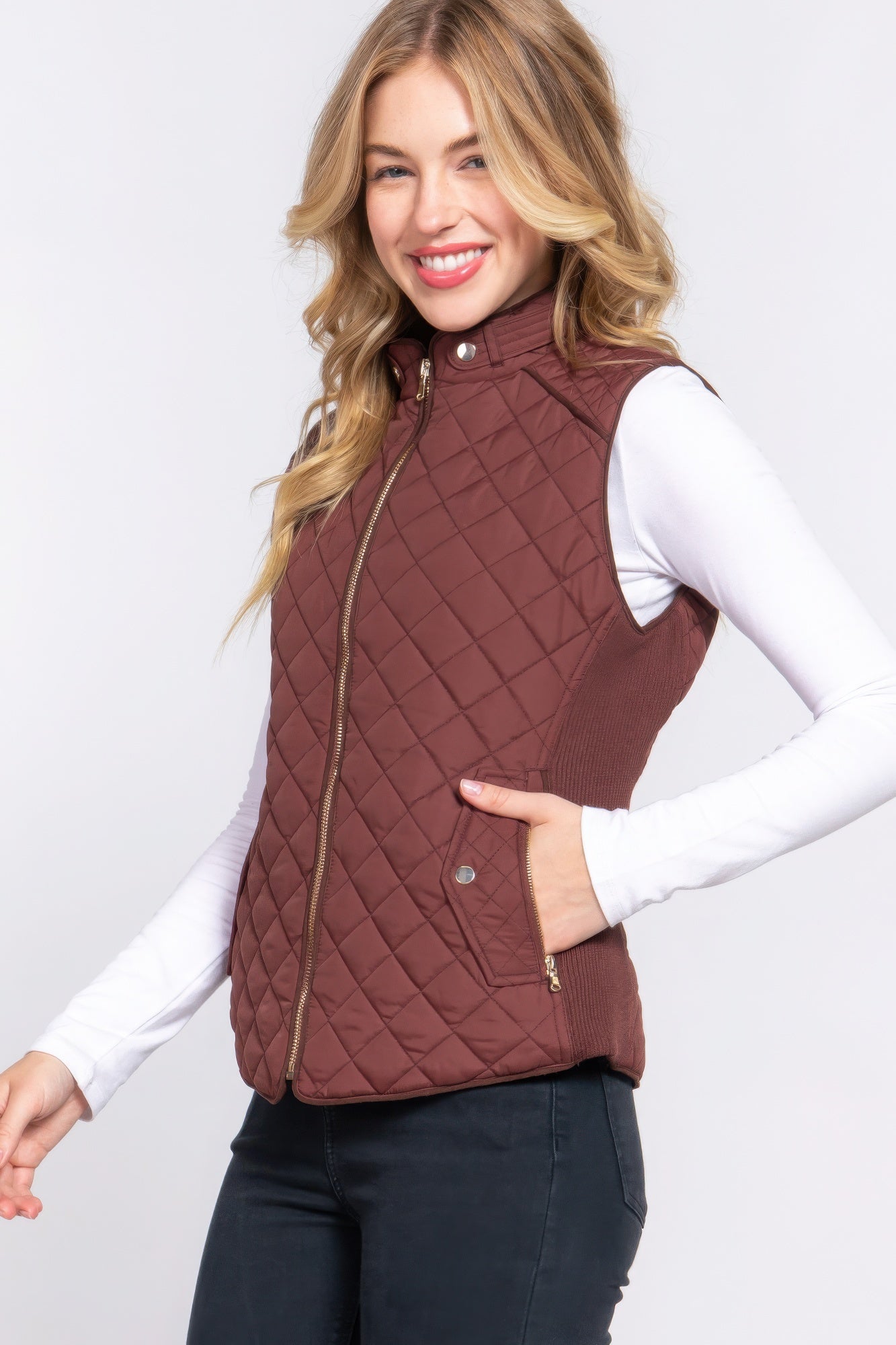 Blue Zone Planet | Suede Piping Quilted Padding Vest-TOPS / DRESSES-[Adult]-[Female]-2022 Online Blue Zone Planet