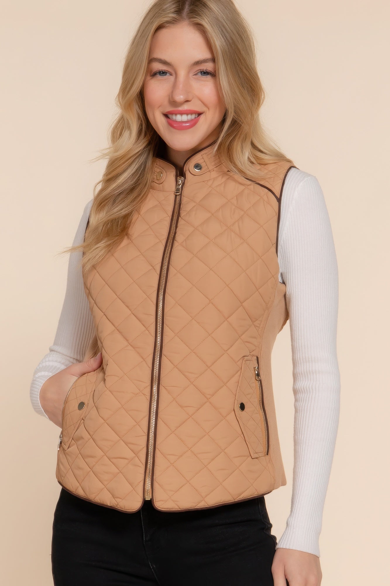 Blue Zone Planet | Suede Piping Quilted Padding Vest-TOPS / DRESSES-[Adult]-[Female]-Caramel-S-2022 Online Blue Zone Planet