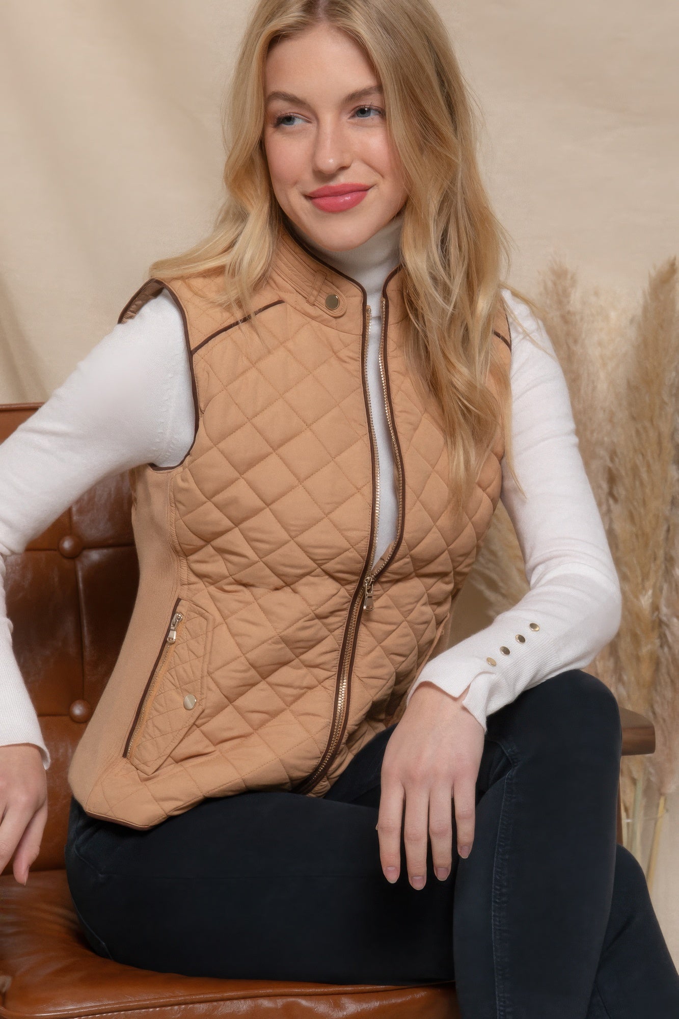 Blue Zone Planet | Suede Piping Quilted Padding Vest-TOPS / DRESSES-[Adult]-[Female]-2022 Online Blue Zone Planet