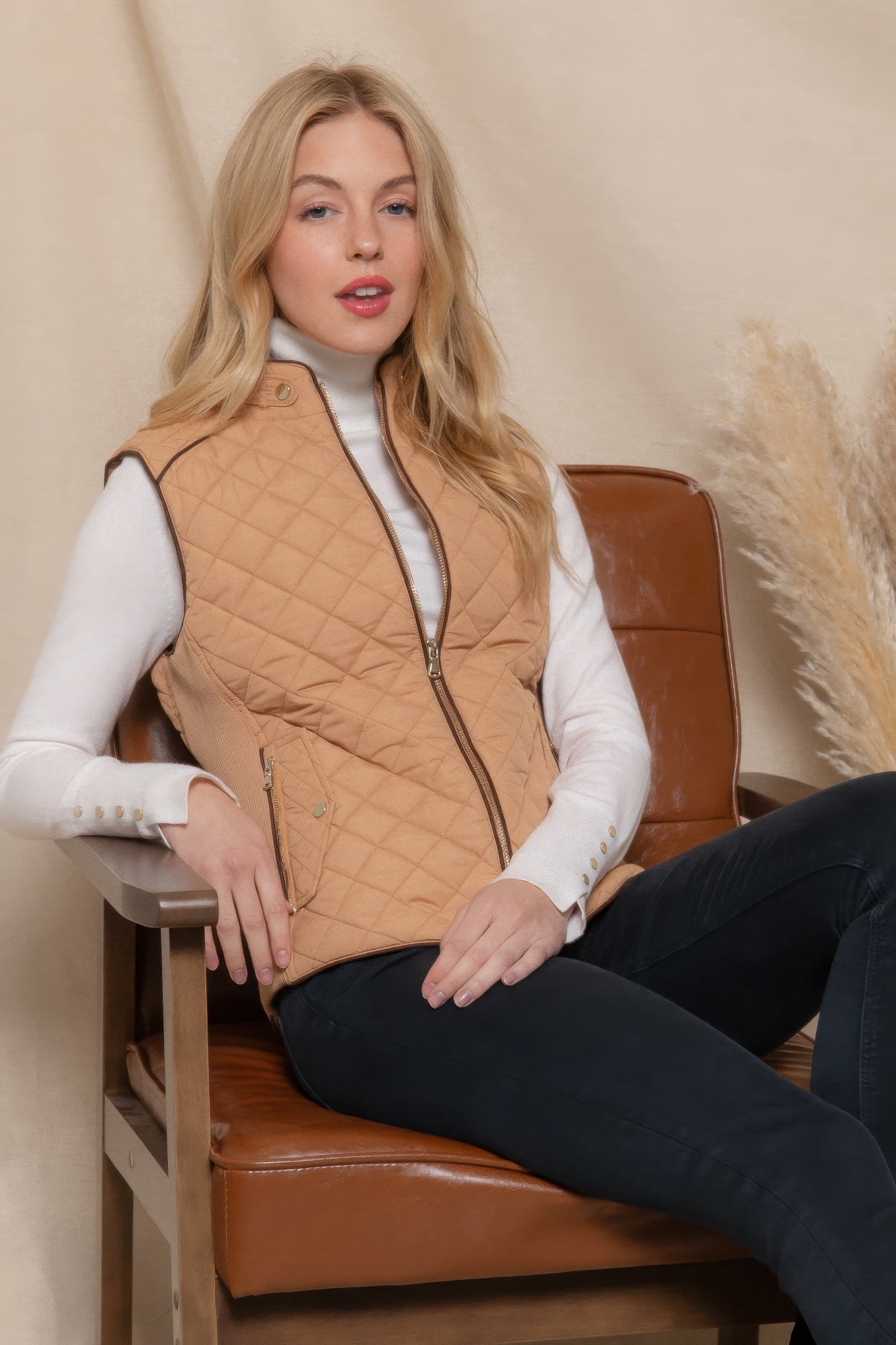 Blue Zone Planet | Suede Piping Quilted Padding Vest-TOPS / DRESSES-[Adult]-[Female]-2022 Online Blue Zone Planet