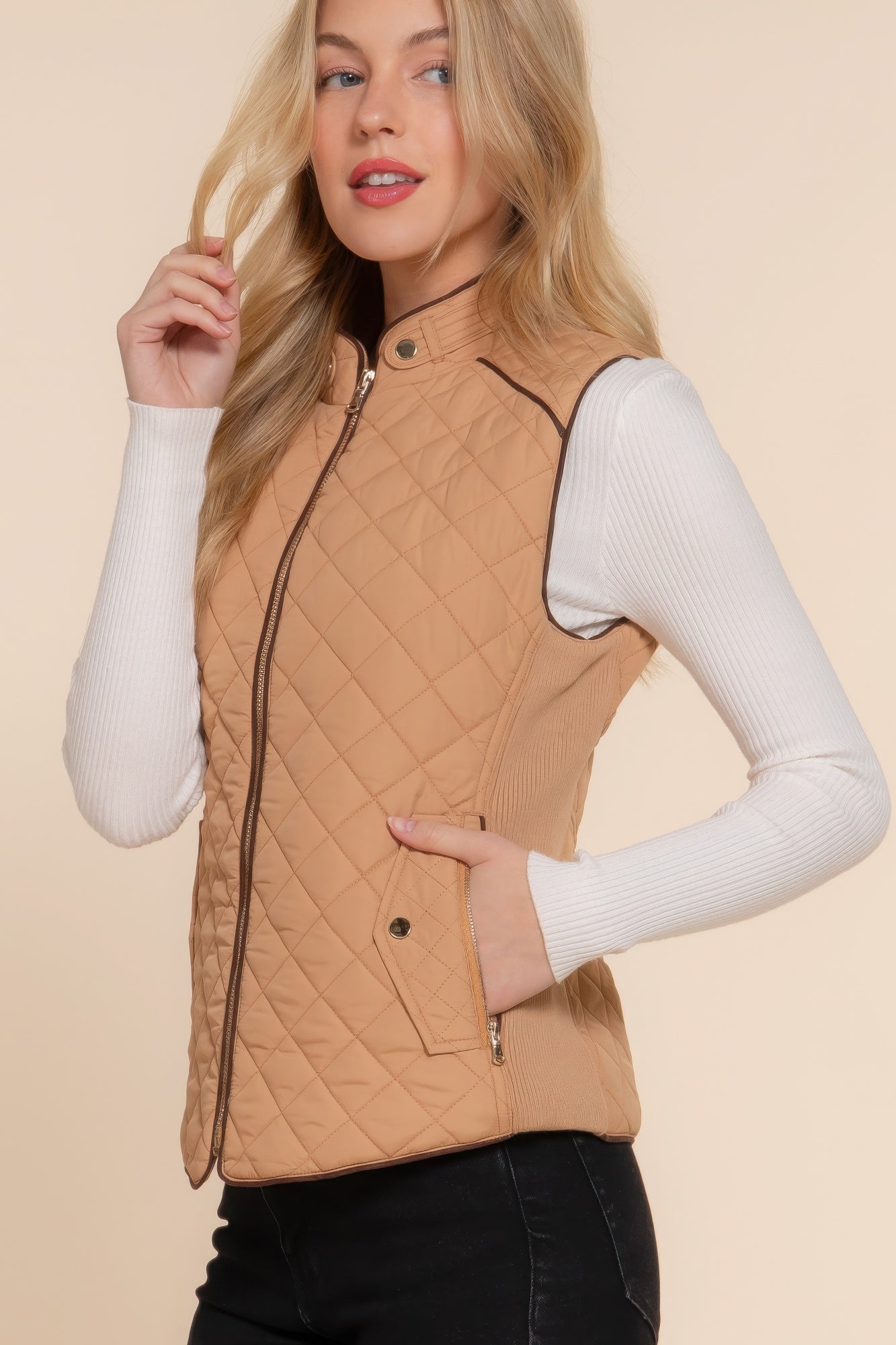 Blue Zone Planet | Suede Piping Quilted Padding Vest-TOPS / DRESSES-[Adult]-[Female]-2022 Online Blue Zone Planet