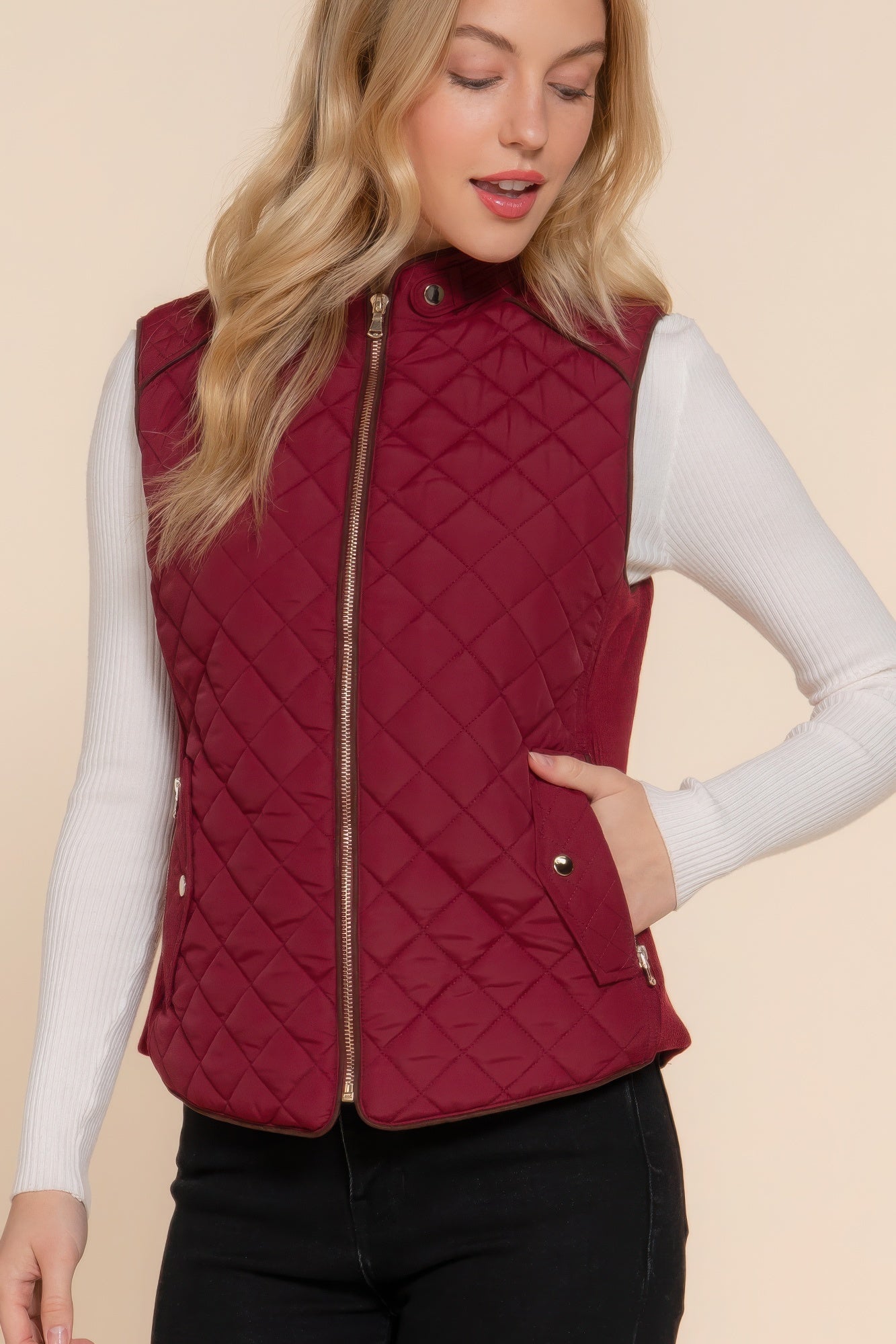 Blue Zone Planet | Suede Piping Quilted Padding Vest-TOPS / DRESSES-[Adult]-[Female]-2022 Online Blue Zone Planet