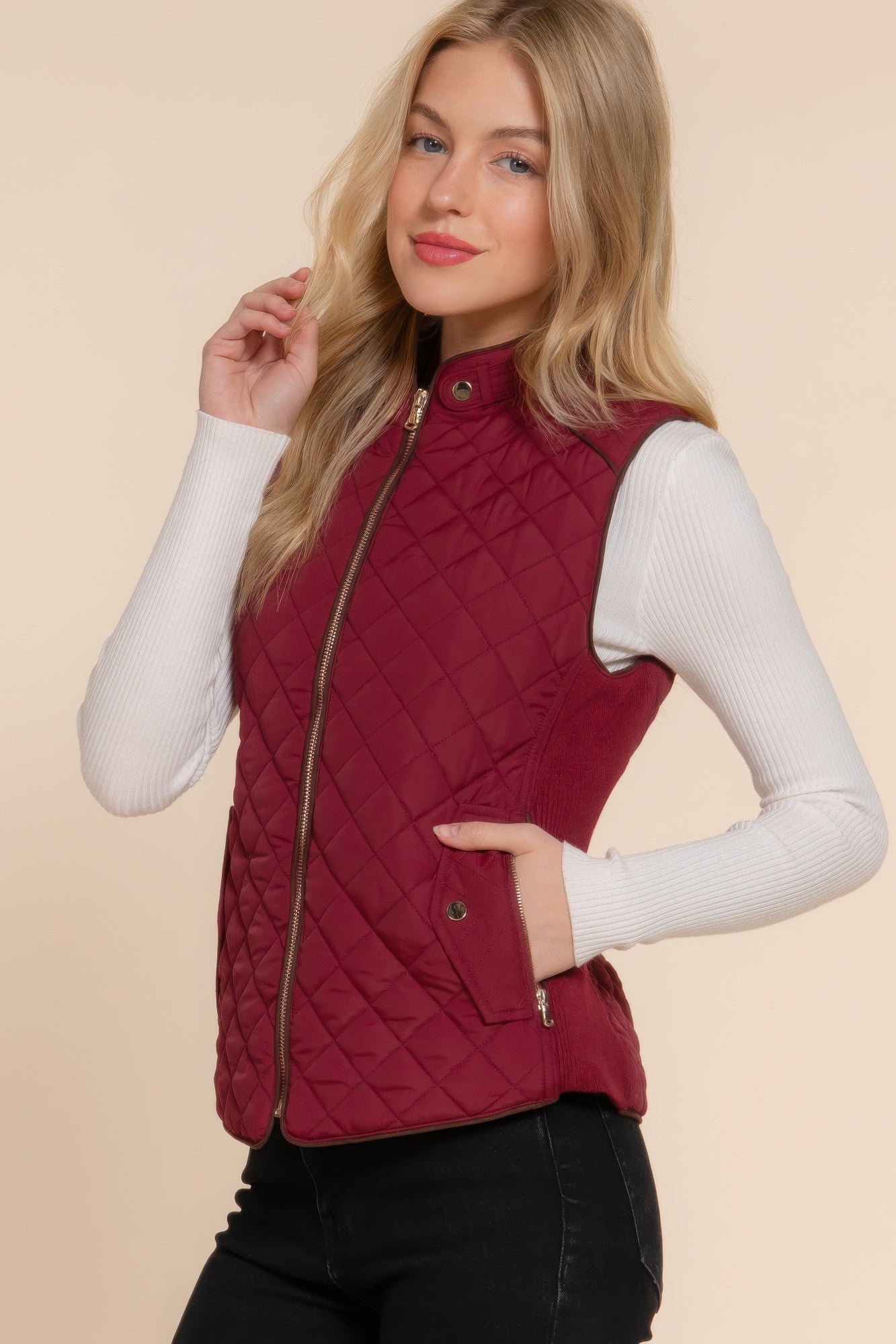 Blue Zone Planet | Suede Piping Quilted Padding Vest-TOPS / DRESSES-[Adult]-[Female]-2022 Online Blue Zone Planet