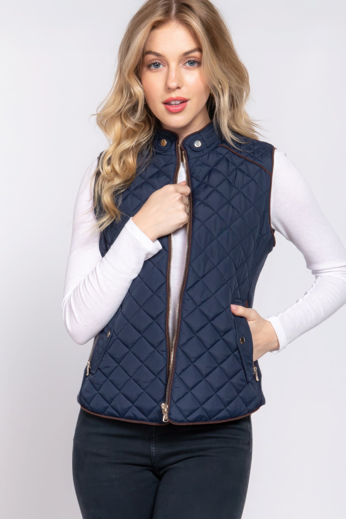 Blue Zone Planet | Suede Piping Quilted Padding Vest-TOPS / DRESSES-[Adult]-[Female]-2022 Online Blue Zone Planet