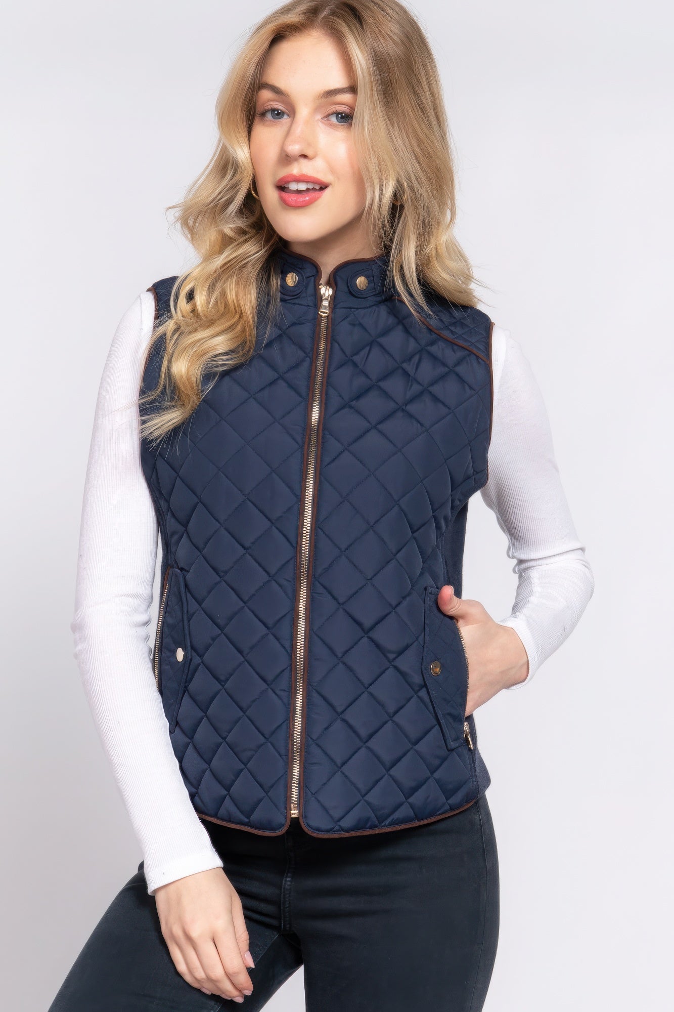 Blue Zone Planet | Suede Piping Quilted Padding Vest-TOPS / DRESSES-[Adult]-[Female]-2022 Online Blue Zone Planet