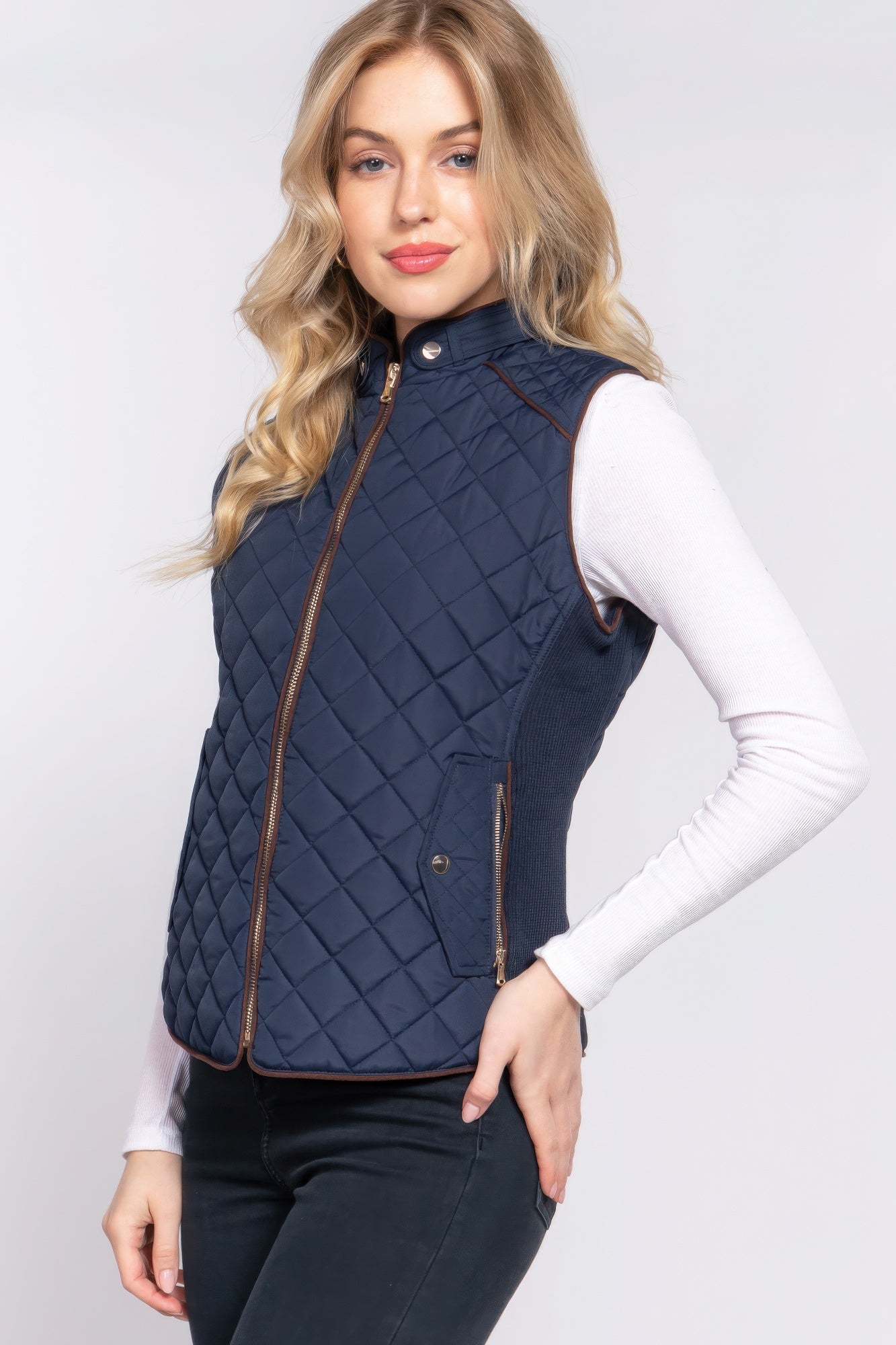 Blue Zone Planet | Suede Piping Quilted Padding Vest-TOPS / DRESSES-[Adult]-[Female]-Navy-S-2022 Online Blue Zone Planet