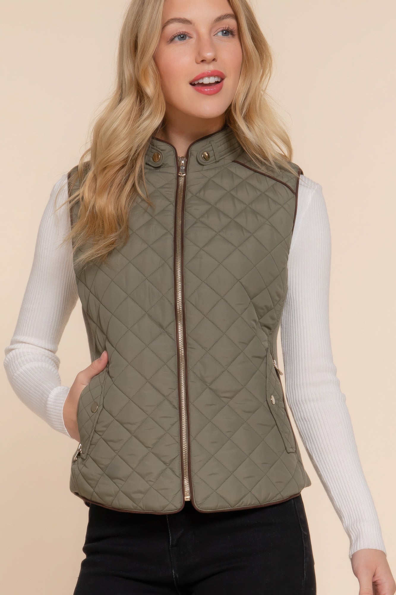 Blue Zone Planet | Suede Piping Quilted Padding Vest-TOPS / DRESSES-[Adult]-[Female]-Olive oil-S-2022 Online Blue Zone Planet