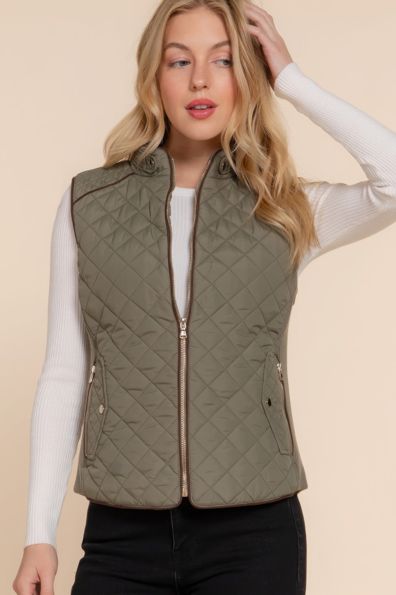 Blue Zone Planet | Suede Piping Quilted Padding Vest-TOPS / DRESSES-[Adult]-[Female]-2022 Online Blue Zone Planet