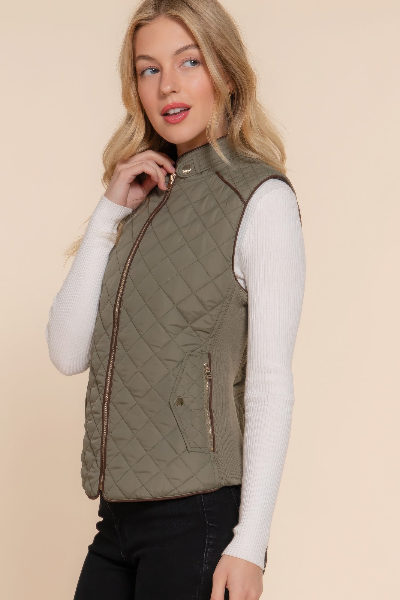 Blue Zone Planet | Suede Piping Quilted Padding Vest-TOPS / DRESSES-[Adult]-[Female]-2022 Online Blue Zone Planet