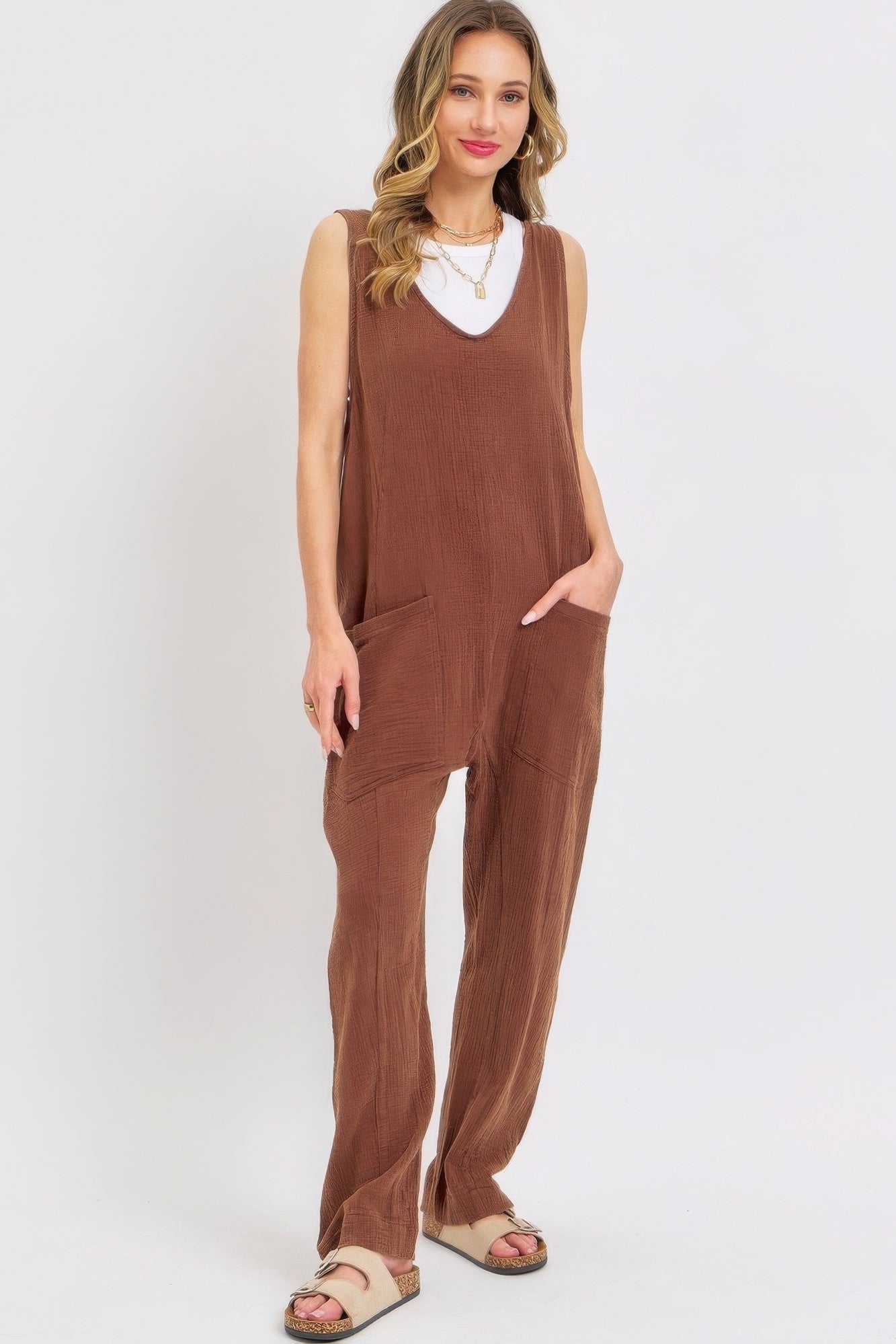 Blue Zone Planet | Mineral Washed Summer Jumpsuit-TOPS / DRESSES-[Adult]-[Female]-Brown-S-2022 Online Blue Zone Planet