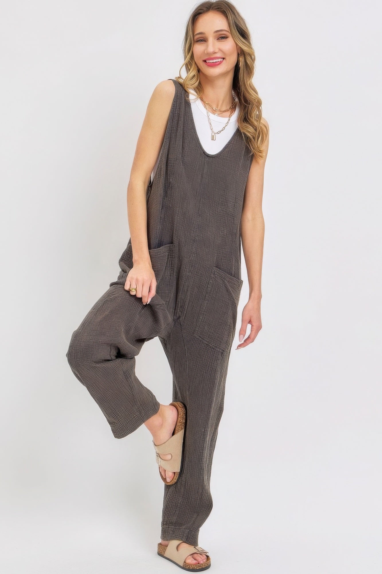 Blue Zone Planet | Mineral Washed Summer Jumpsuit-TOPS / DRESSES-[Adult]-[Female]-Stone Charcoal-S-2022 Online Blue Zone Planet