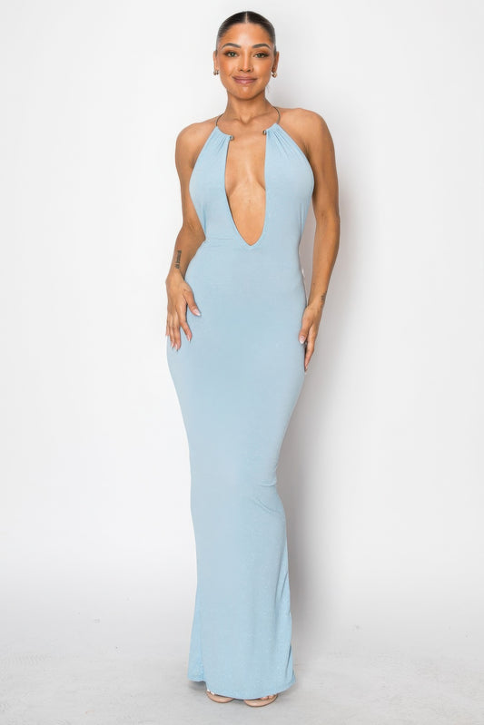 Halter Necklace Trim Long Dress-[Adult]-[Female]-Light Blue-S-2022 Online Blue Zone Planet