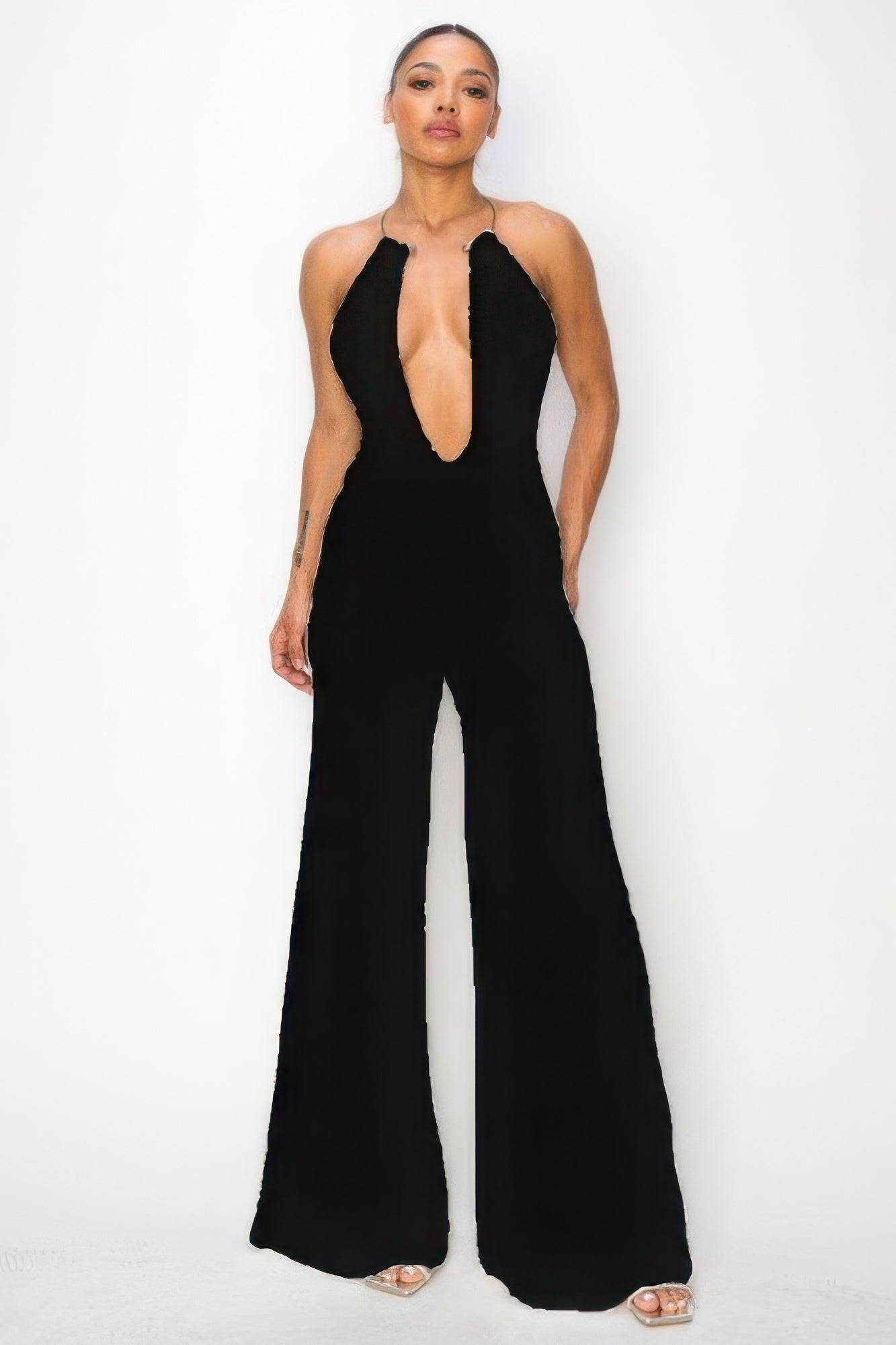 Blue Zone Planet | Slinky Wide Leg Jumpsuit W/metal Choker Necklace-TOPS / DRESSES-[Adult]-[Female]-S-Black-2022 Online Blue Zone Planet