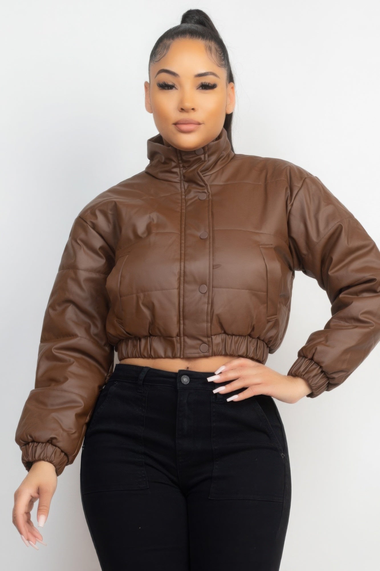 Snap Button Padded Crop Jacket-[Adult]-[Female]-2022 Online Blue Zone Planet