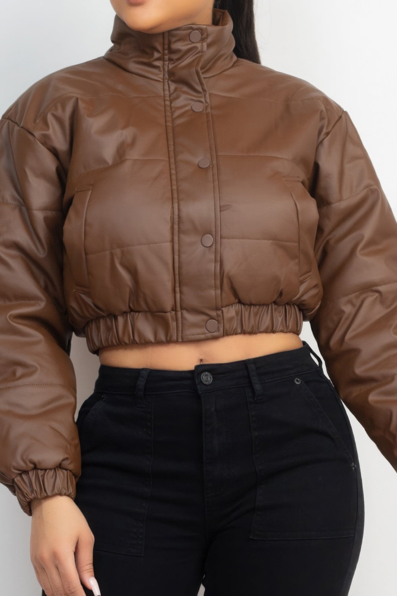 Snap Button Padded Crop Jacket-[Adult]-[Female]-2022 Online Blue Zone Planet