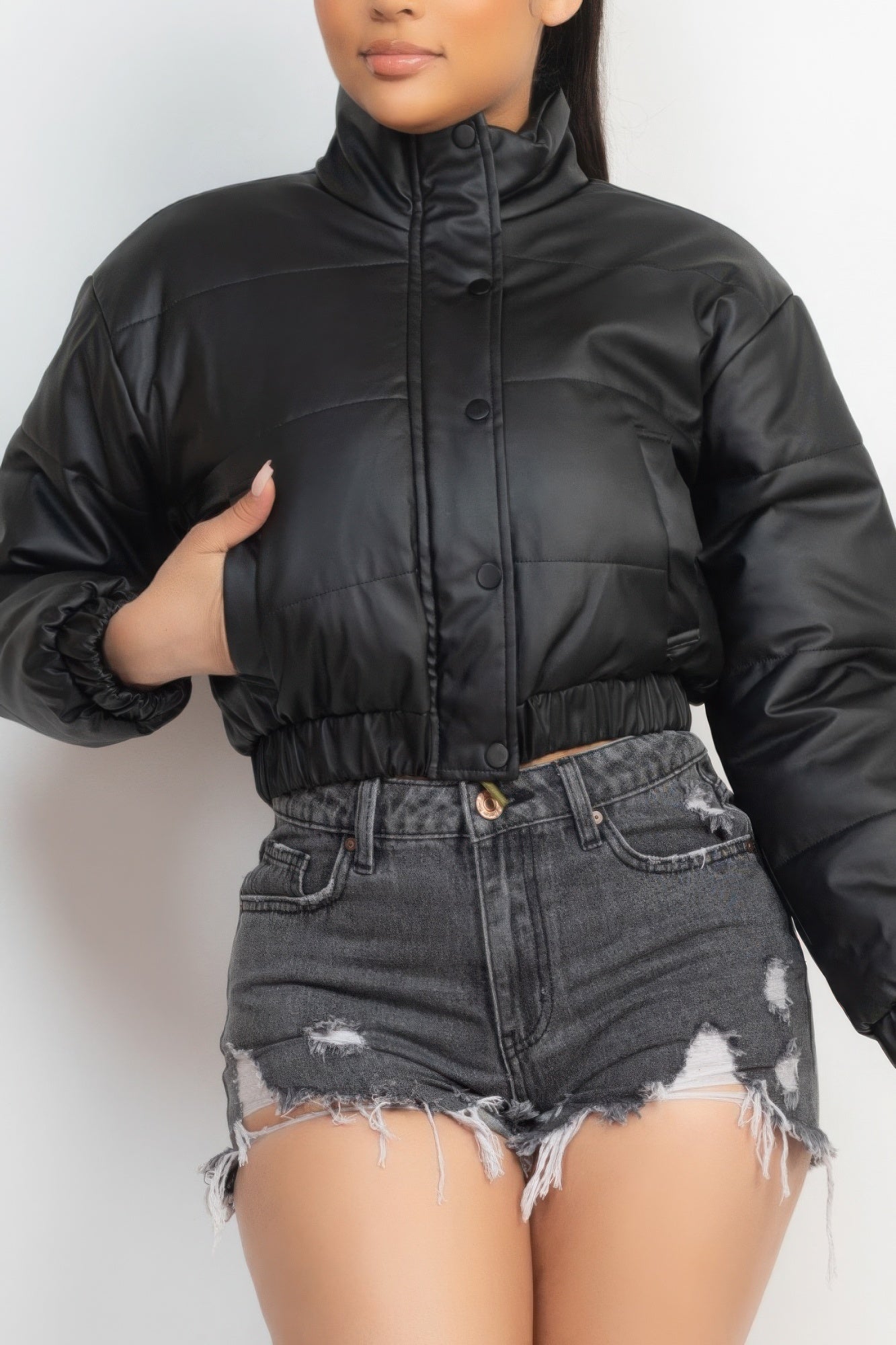 Snap Button Padded Crop Jacket-[Adult]-[Female]-2022 Online Blue Zone Planet